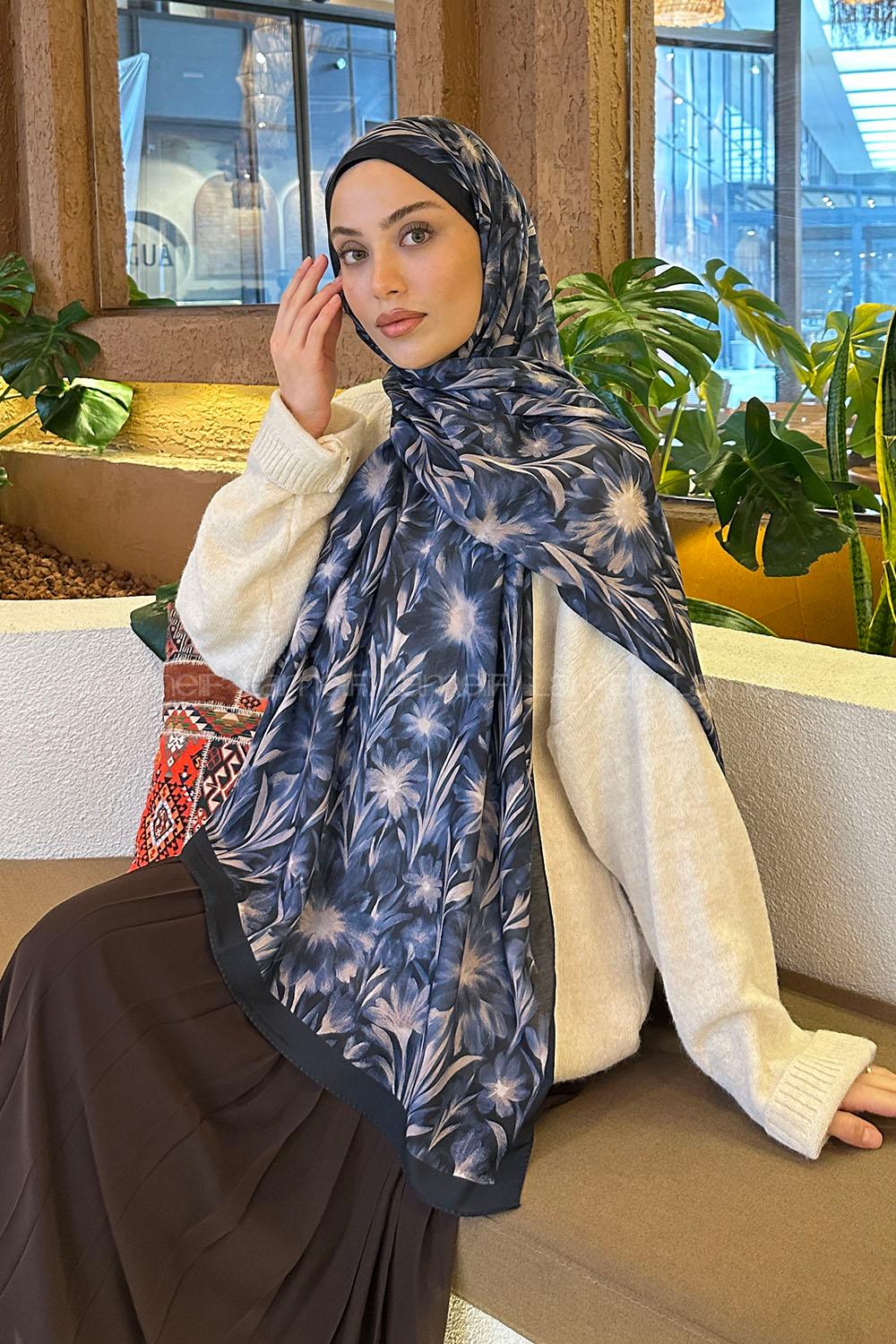 Lamelif Daisy Flowers Desen Pamuk Şal Lacivert