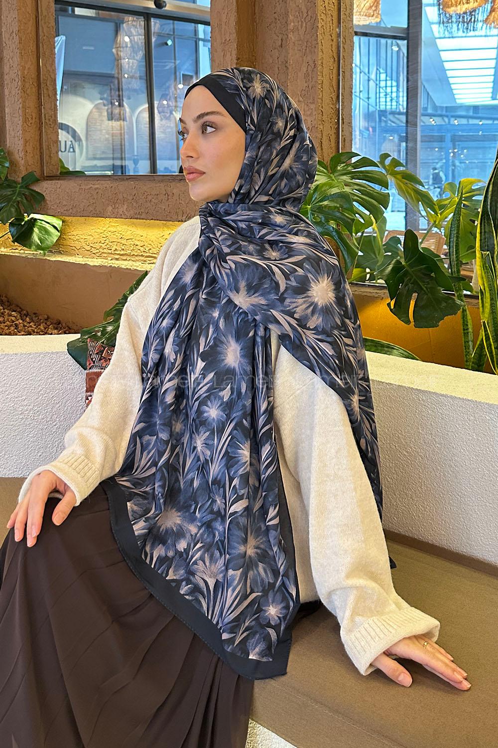 Lamelif Daisy Flowers Desen Pamuk Şal Lacivert