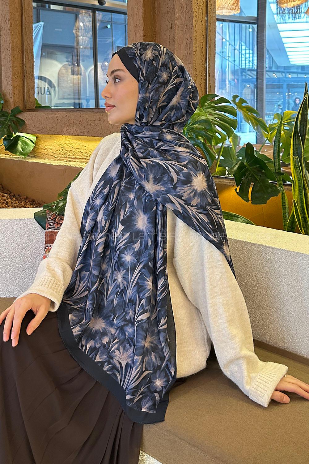 Lamelif Daisy Flowers Desen Pamuk Şal Lacivert