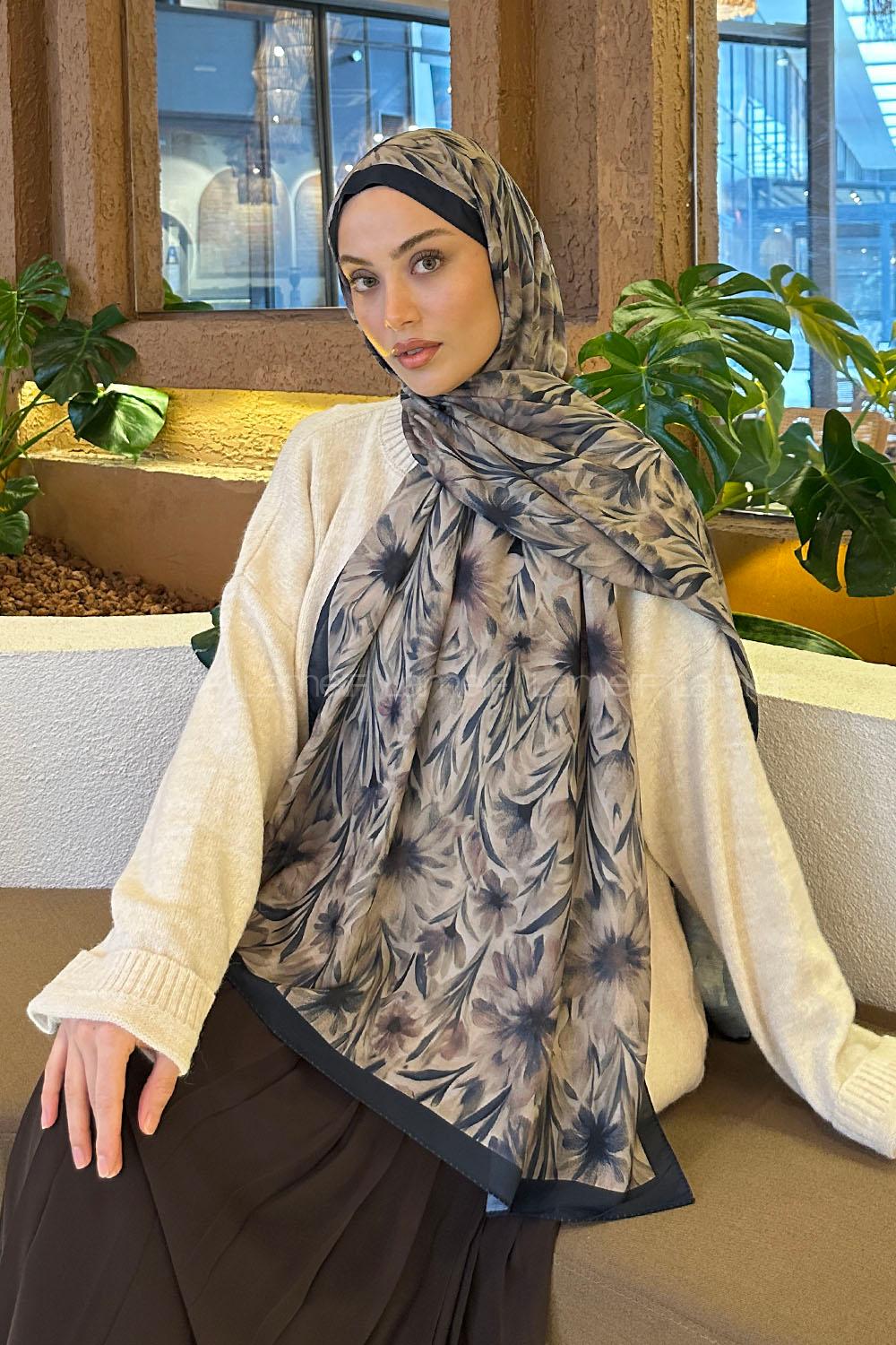 Lamelif Daisy Flowers Desen Pamuk Şal Lacivert Vizon