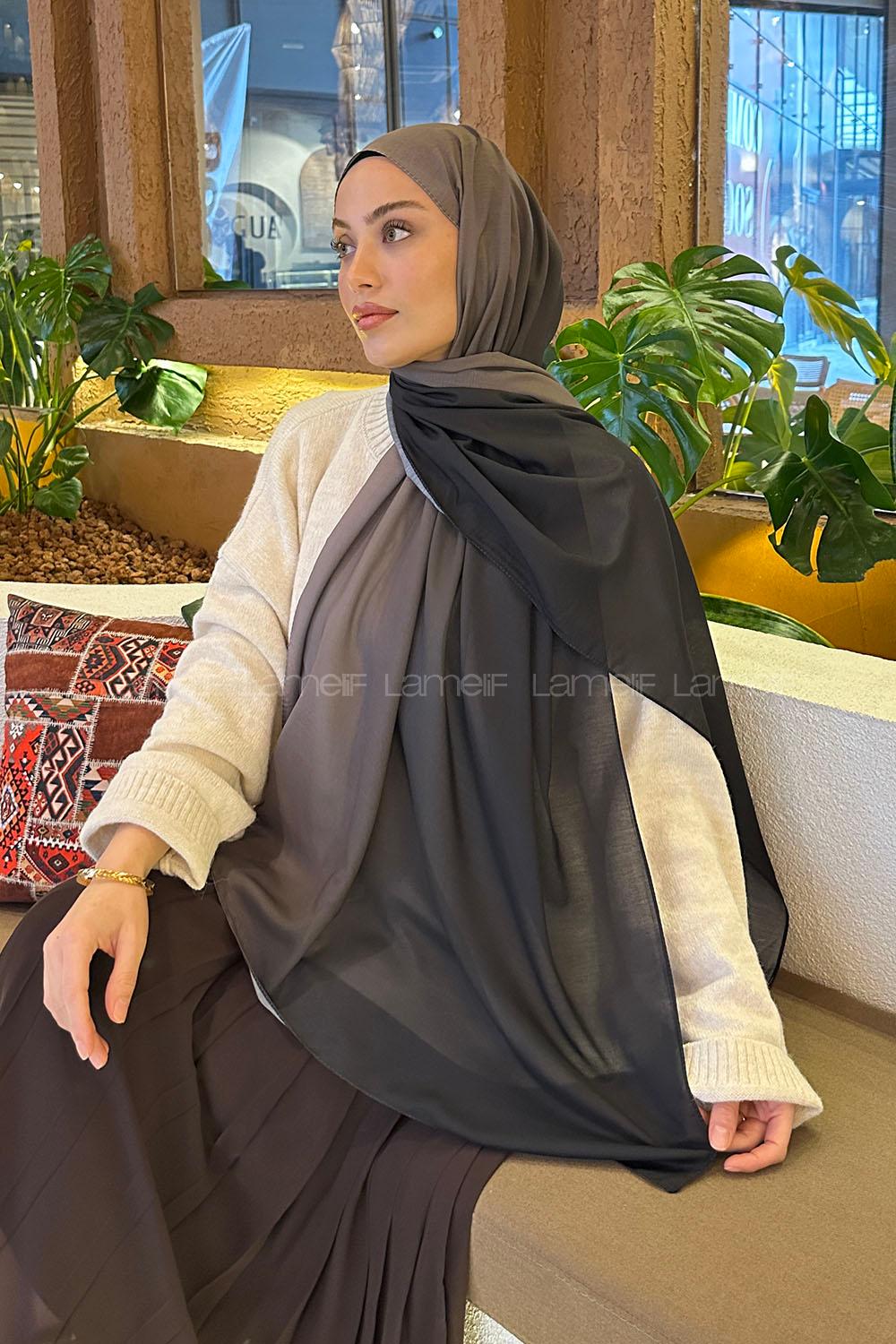 Lamelif Degrade Desen Soft Şal Siyah Vizon