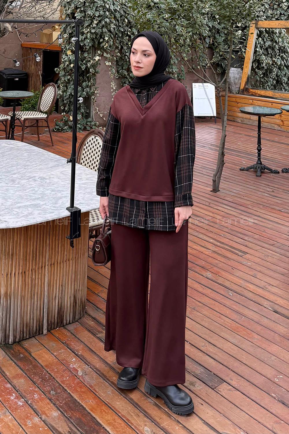 Lamelif Ekose Desen İkili Takım Acı Kahve