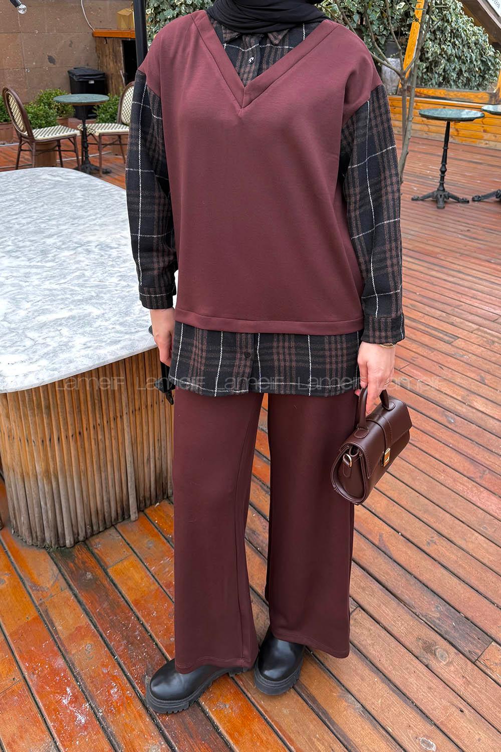 Lamelif Ekose Desen İkili Takım Acı Kahve