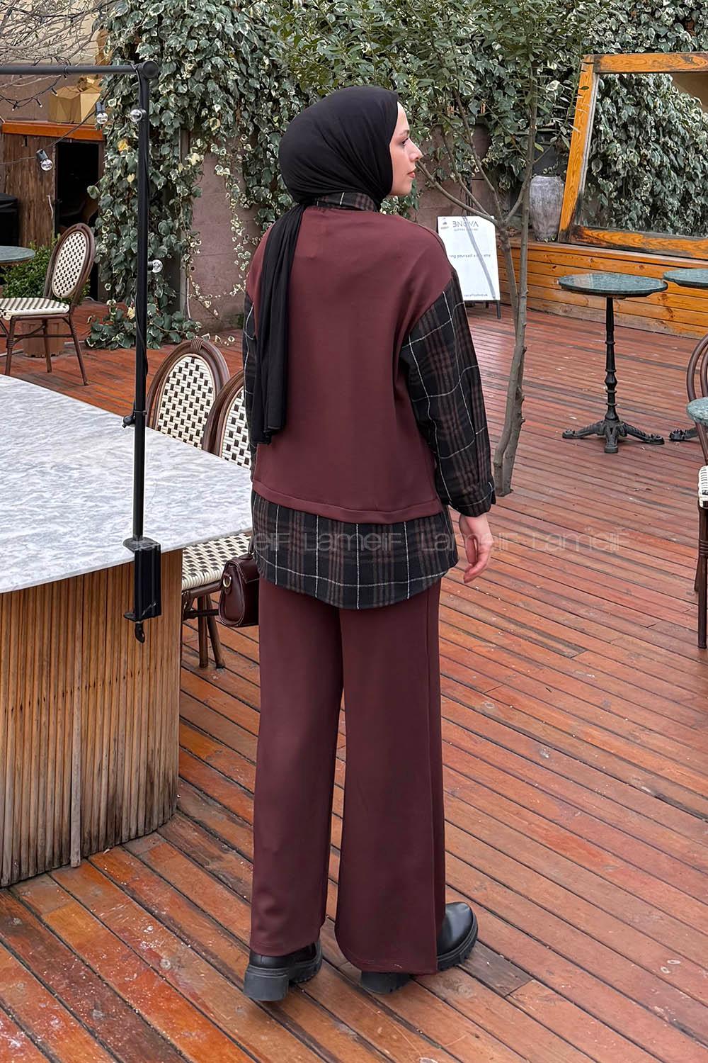 Lamelif Ekose Desen İkili Takım Acı Kahve