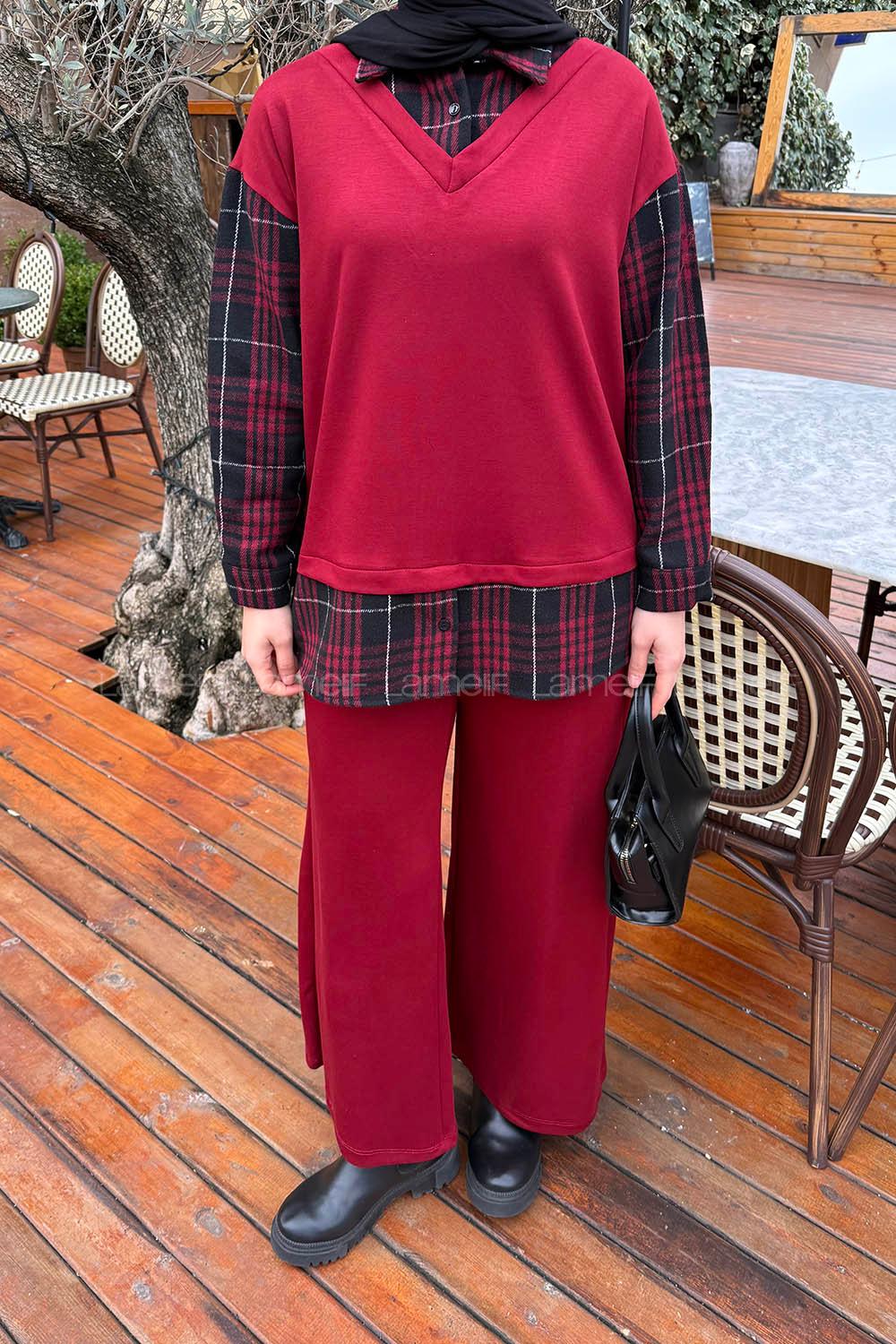 Lamelif Ekose Desen İkili Takım Bordo