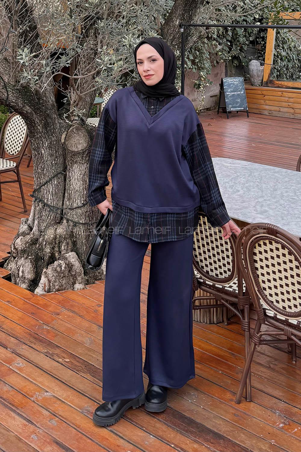 Lamelif Ekose Desen İkili Takım Lacivert