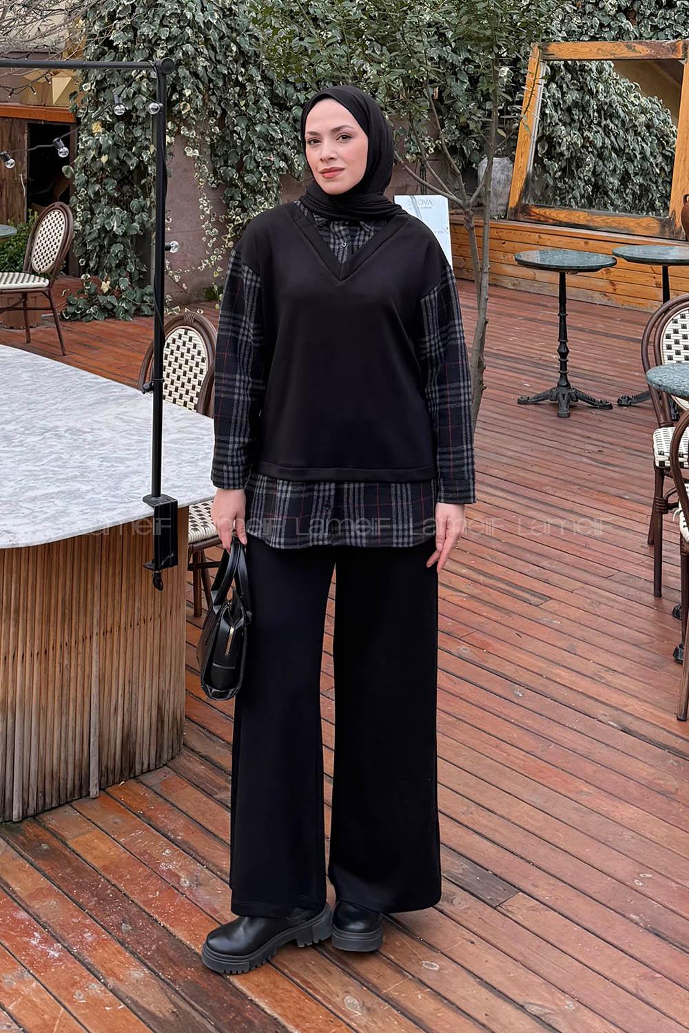 Lamelif Ekose Desen İkili Takım Siyah