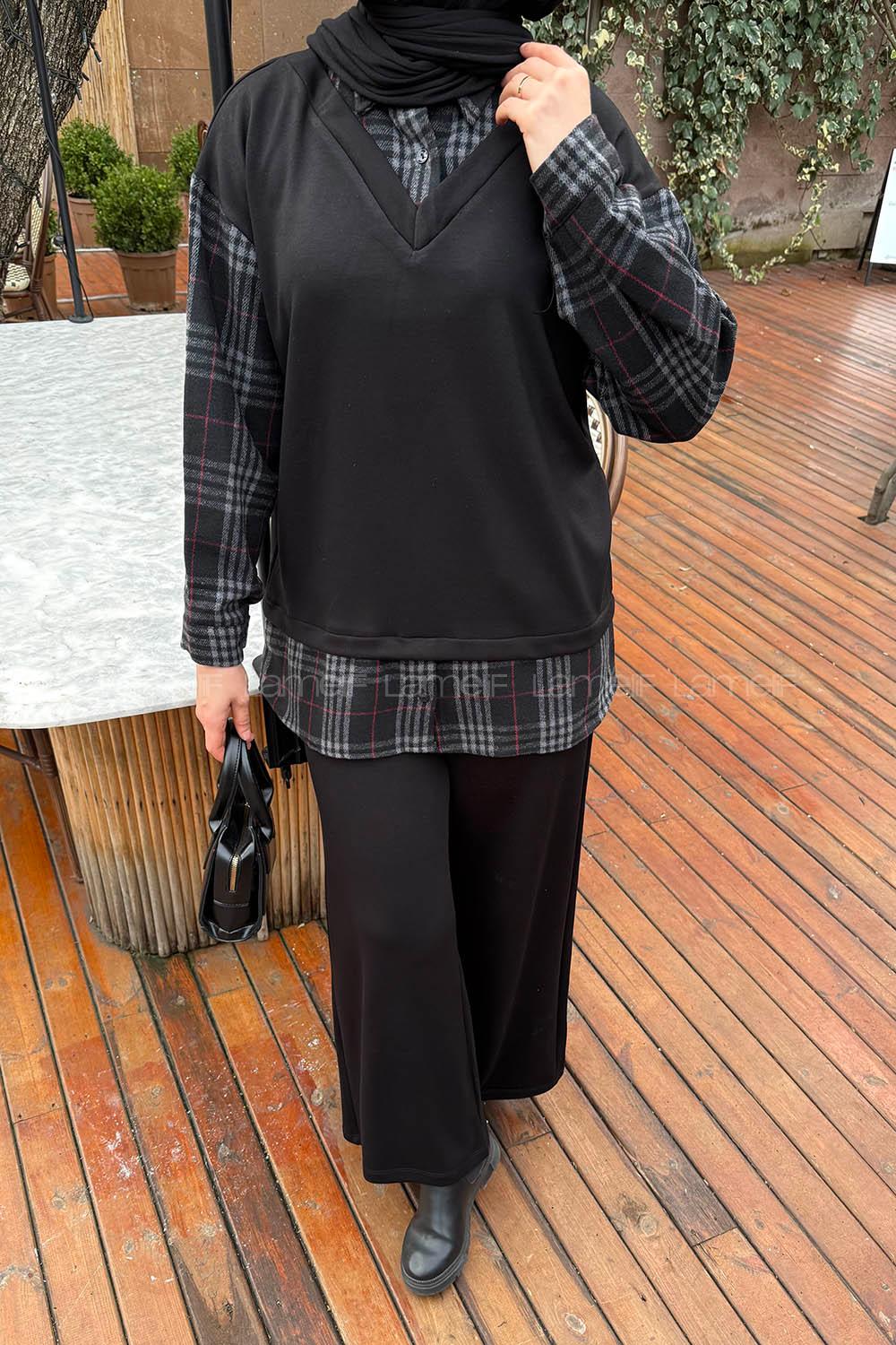 Lamelif Ekose Desen İkili Takım Siyah