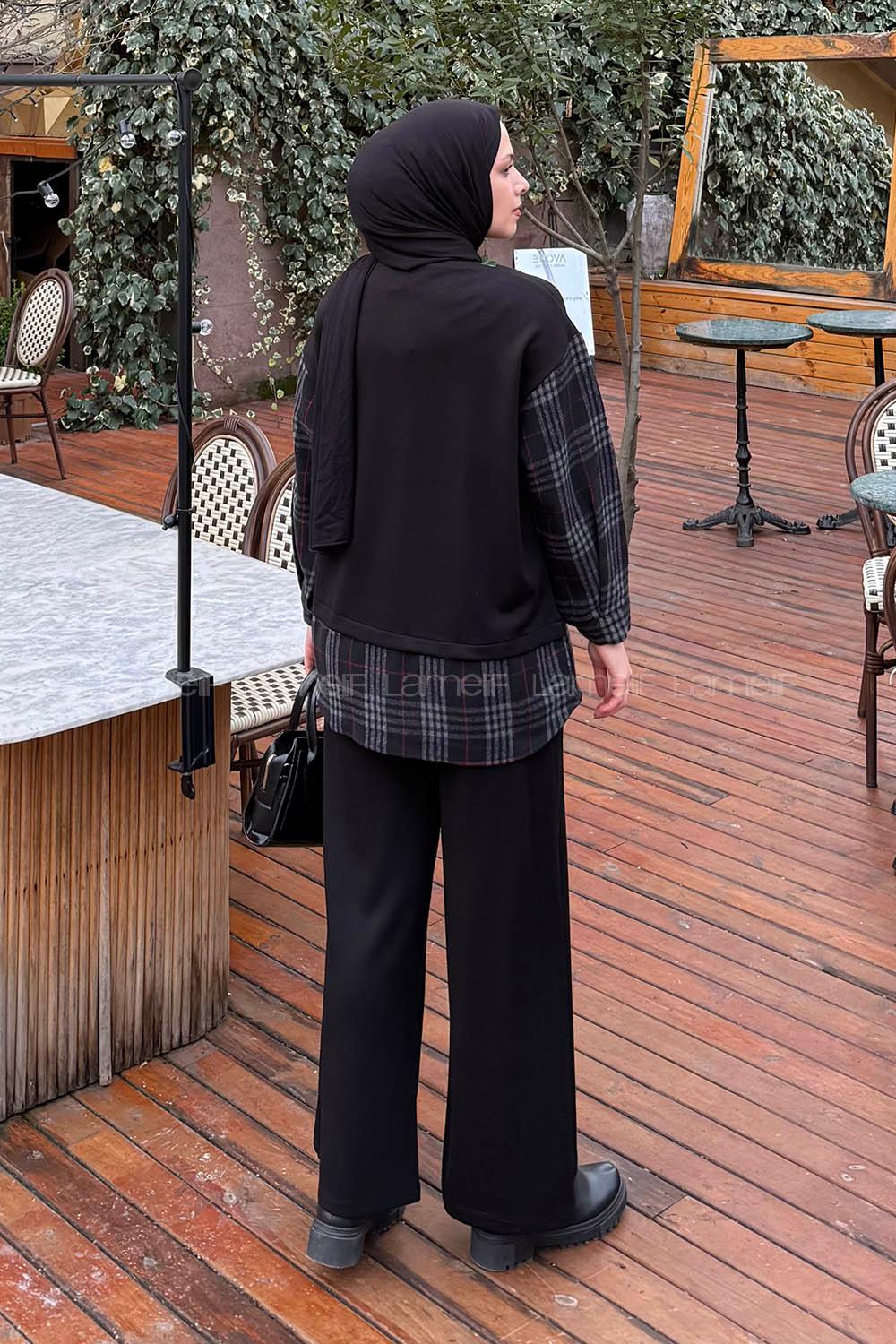 Lamelif Ekose Desen İkili Takım Siyah