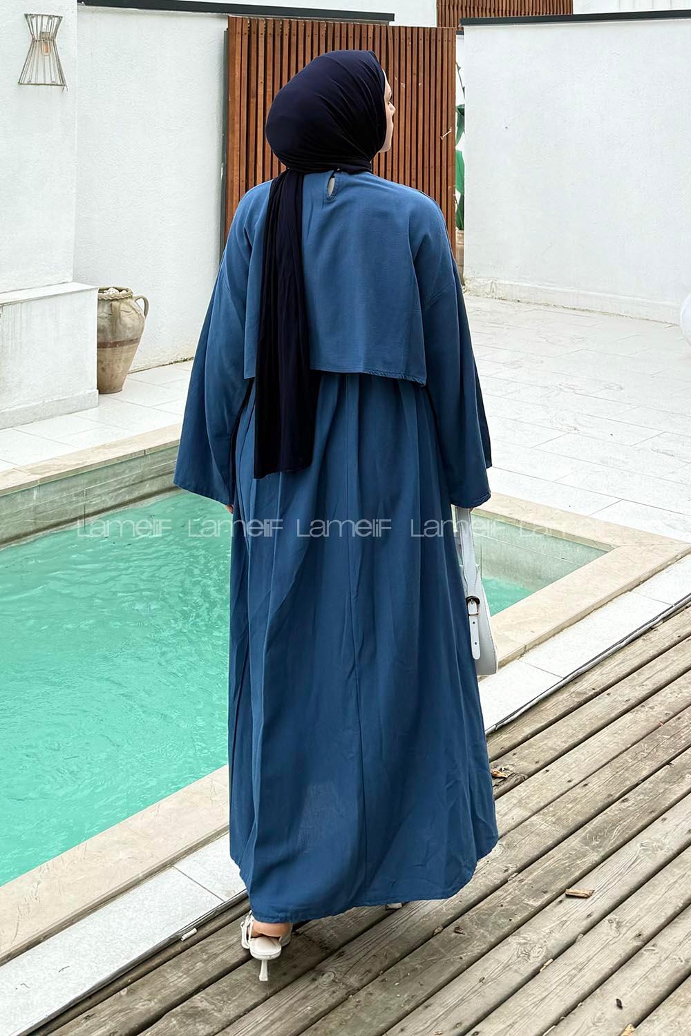 Lamelif Etekli Tesettür Takım Saks Mavisi