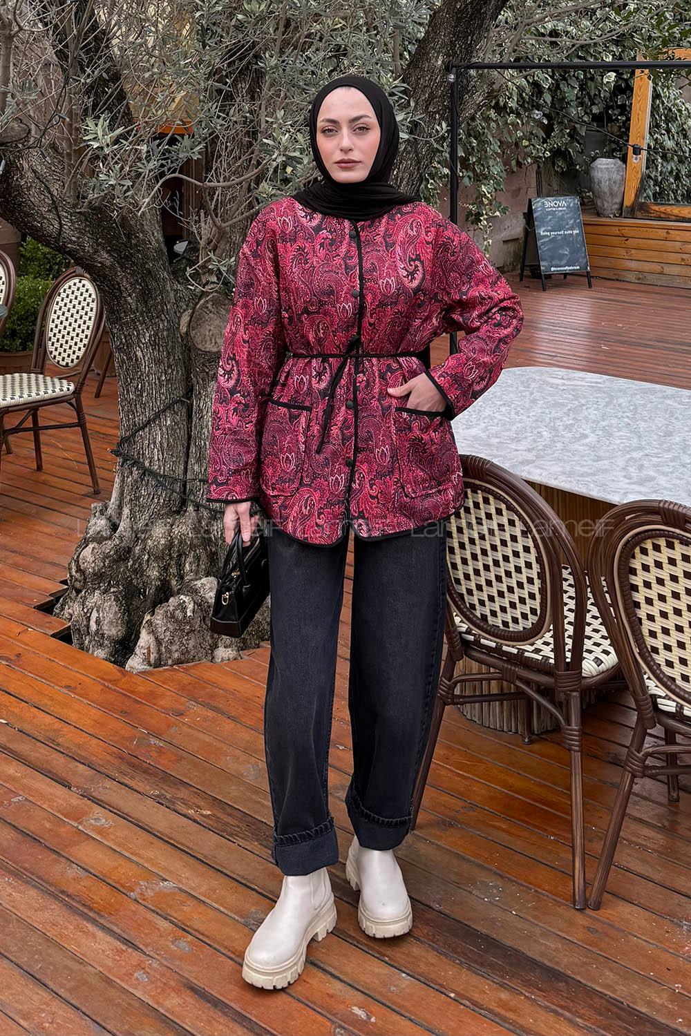 Lamelif Etnik Desen Ceket Açık Bordo