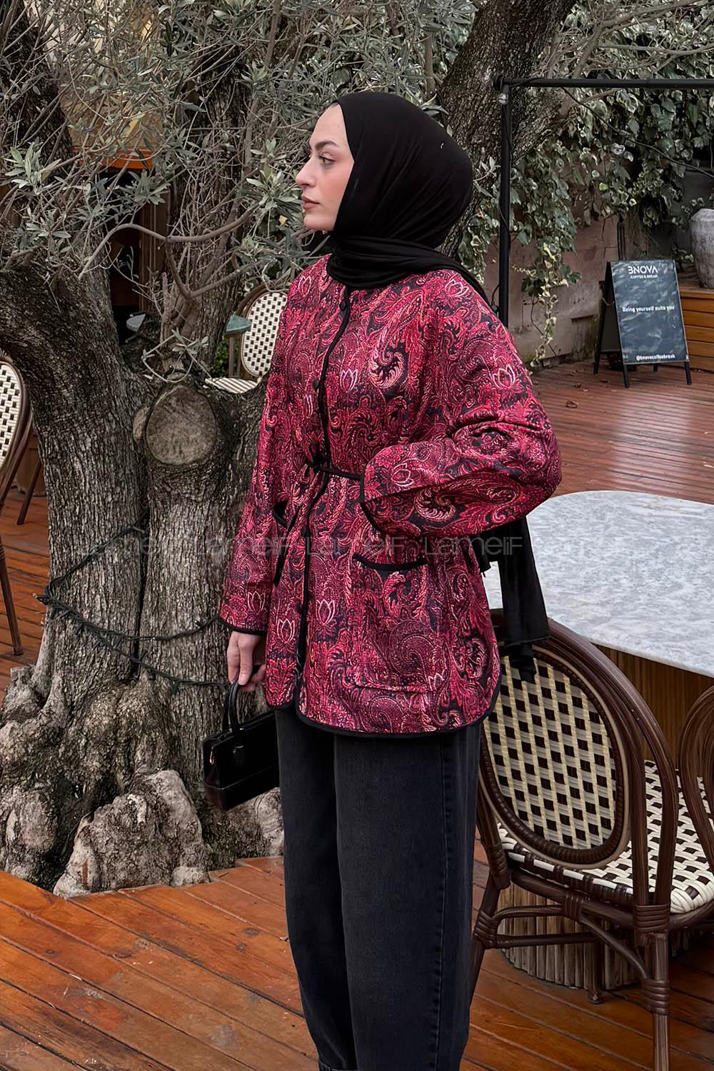 Lamelif Etnik Desen Ceket Açık Bordo