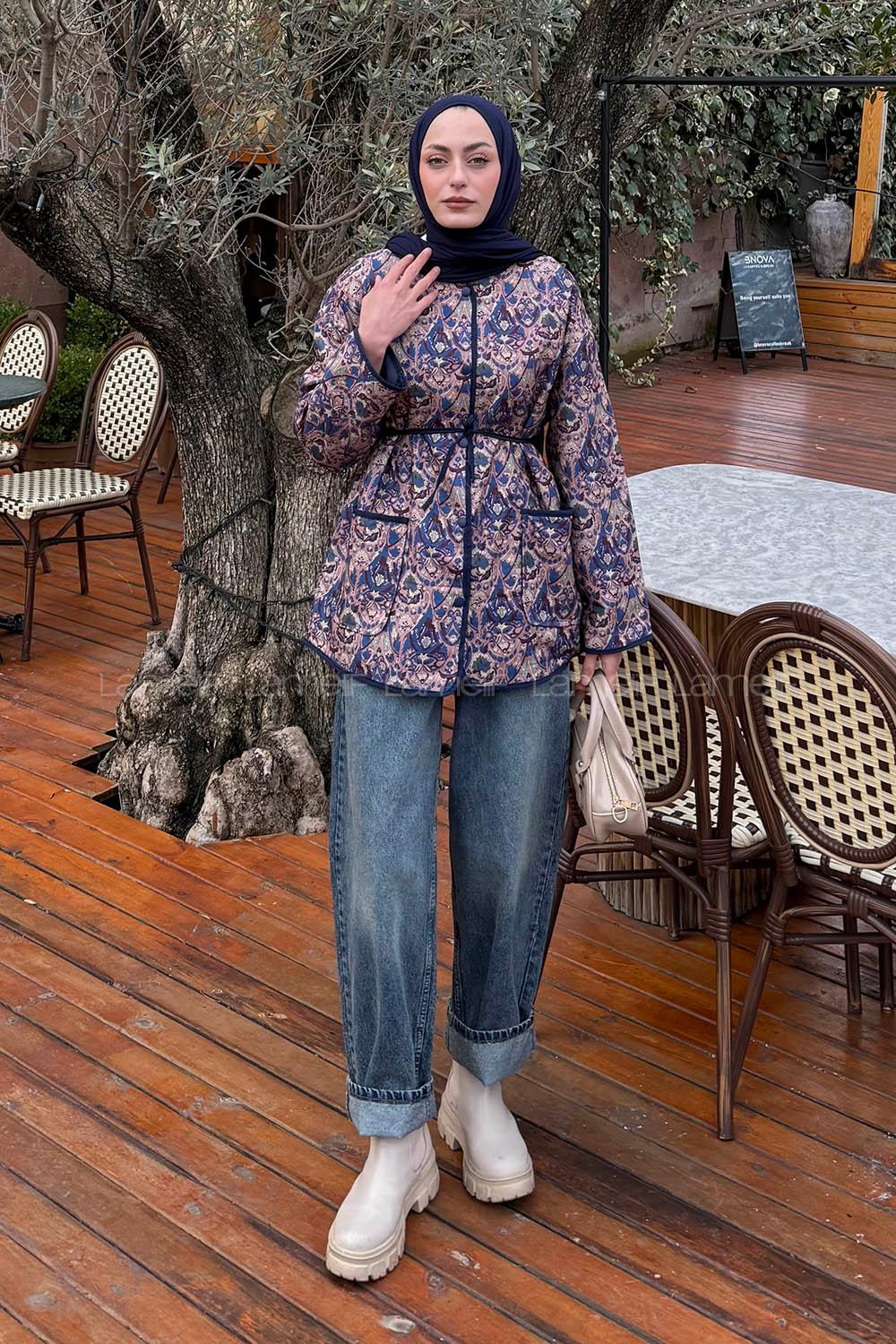 Lamelif Etnik Desen Ceket Lacivert