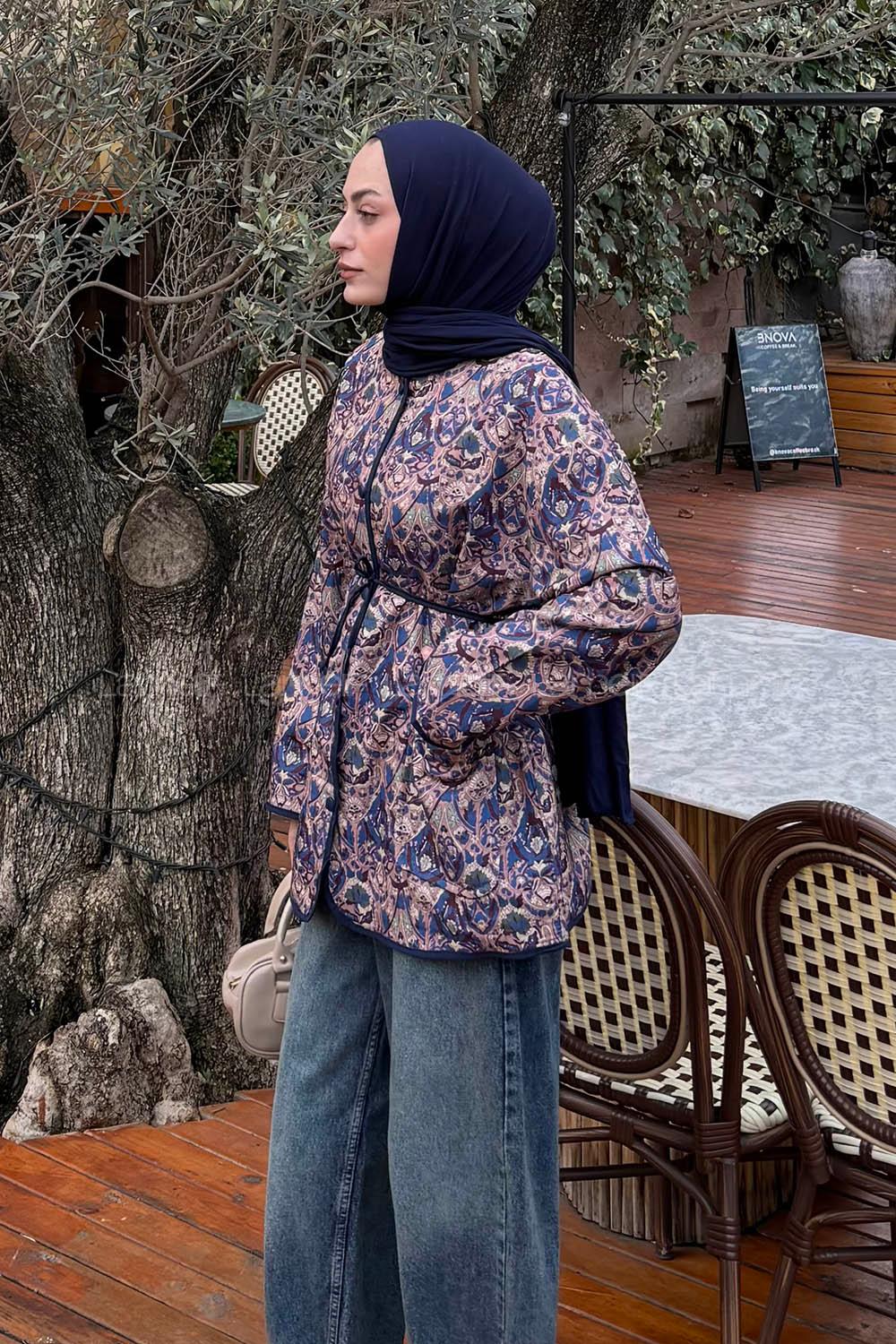 Lamelif Etnik Desen Ceket Lacivert