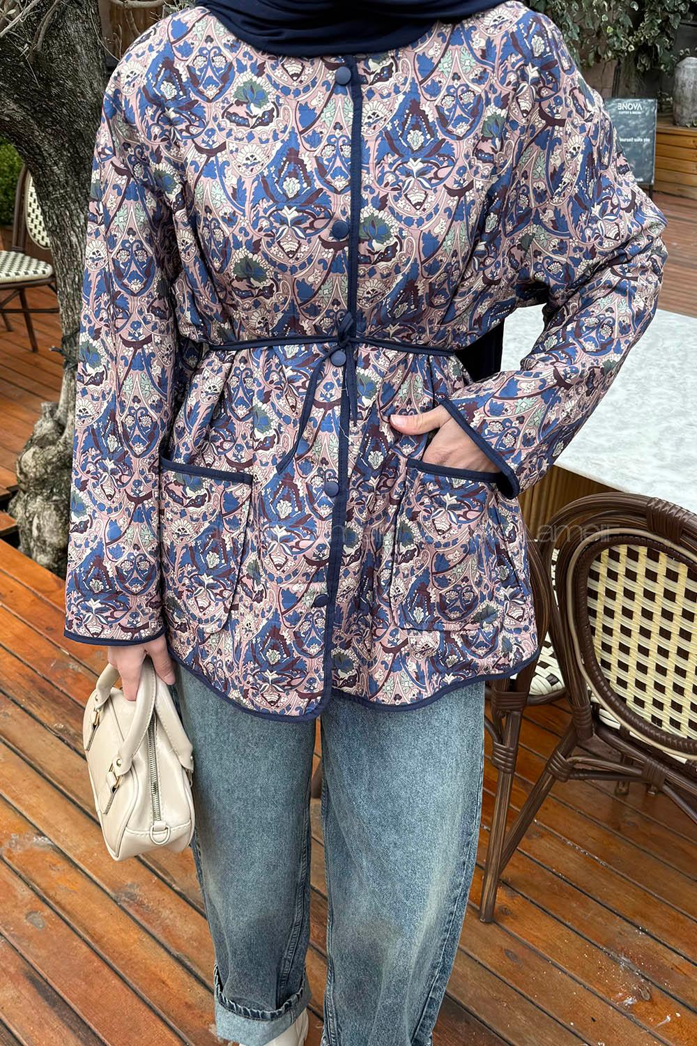 Lamelif Etnik Desen Ceket Lacivert