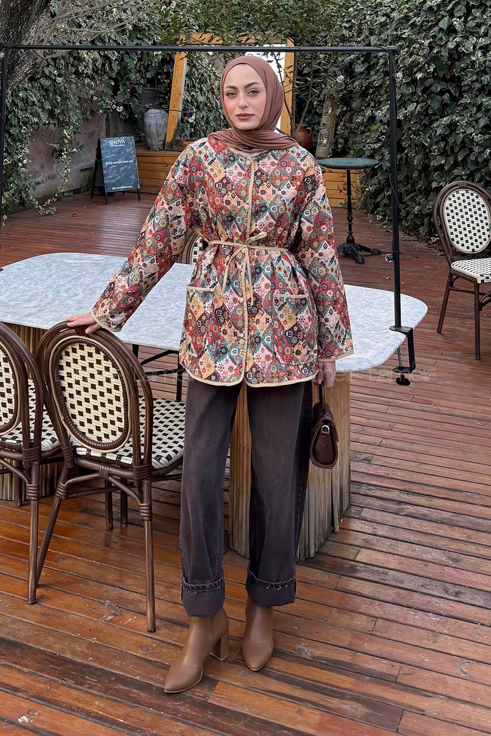 Lamelif Etnik Desen Ceket Mint Yeşili