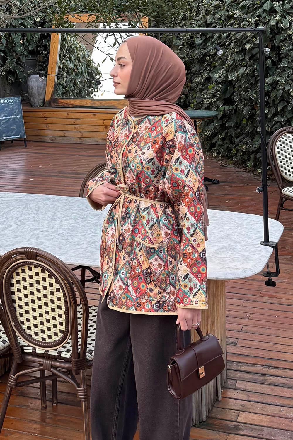 Lamelif Etnik Desen Ceket Mint Yeşili