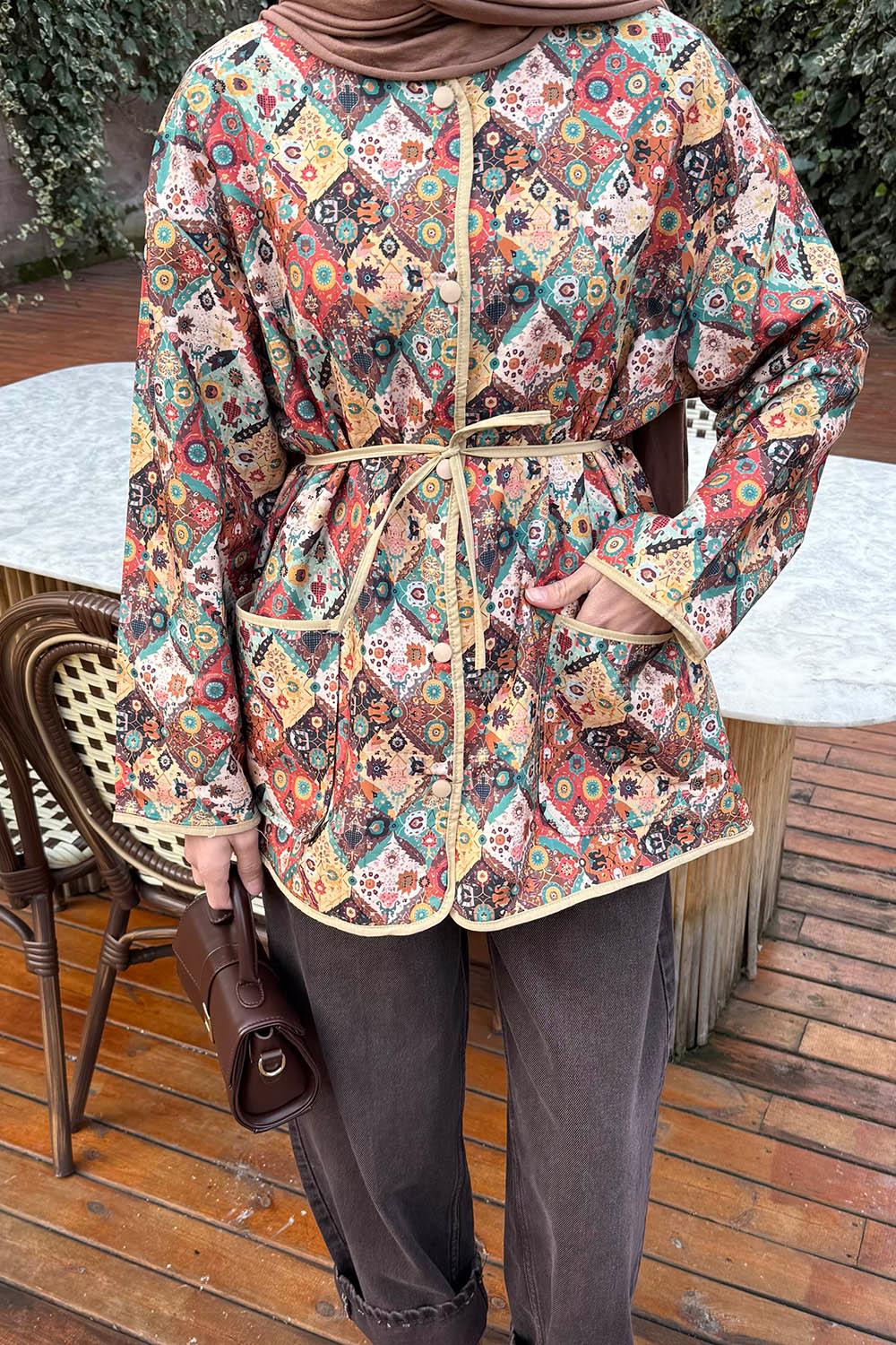 Lamelif Etnik Desen Ceket Mint Yeşili