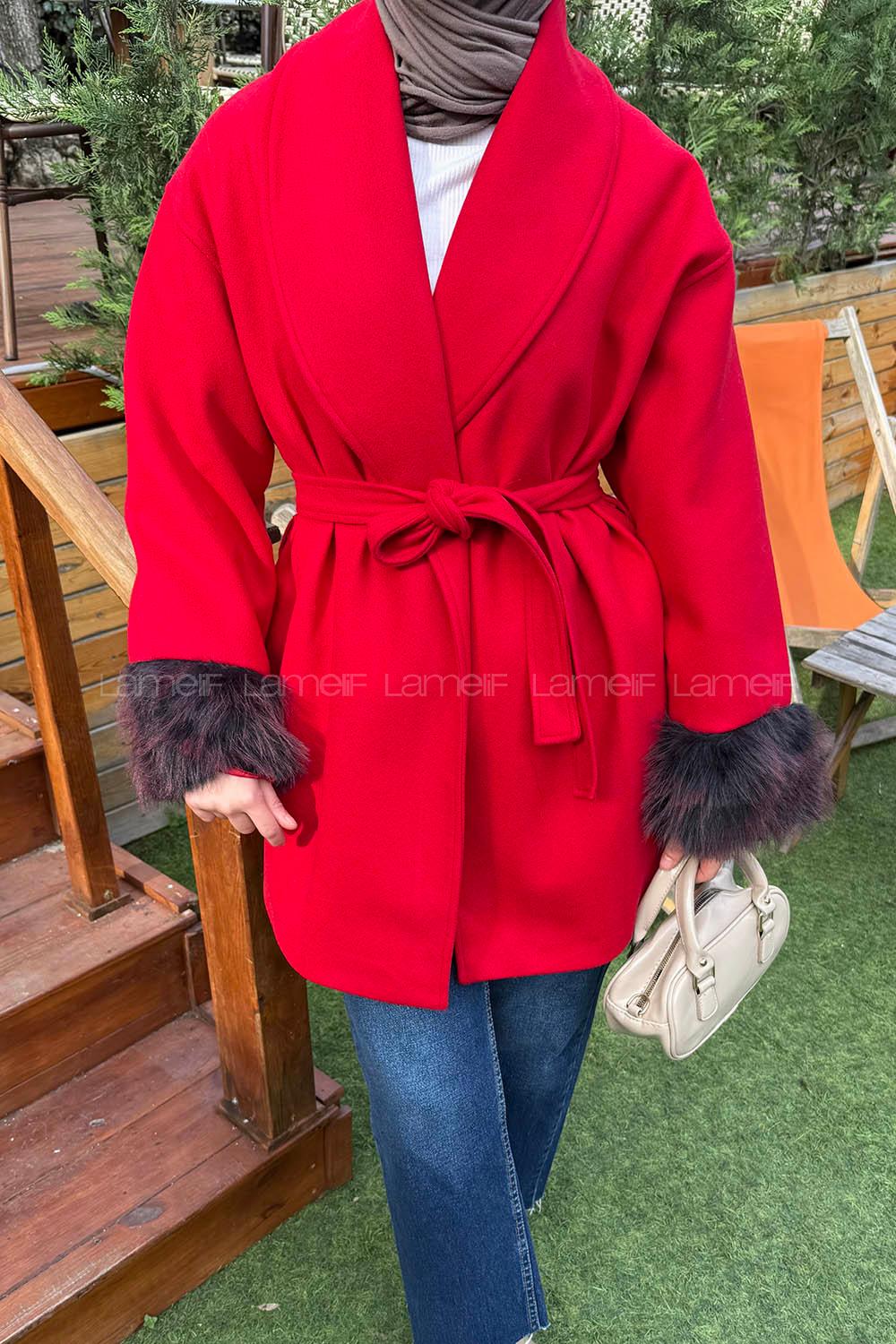 Lamelif Kol Kürk Detaylı Kaşe Kaban Nar Çiçeği