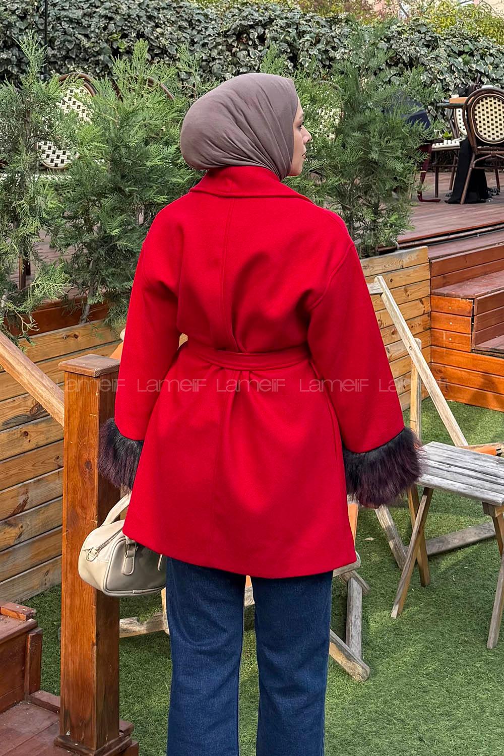 Lamelif Kol Kürk Detaylı Kaşe Kaban Nar Çiçeği