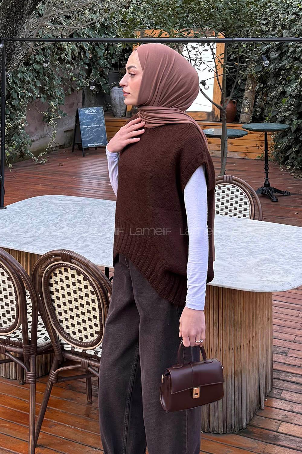 Lamelif Ön Kavis Detaylı Süveter Acı Kahve