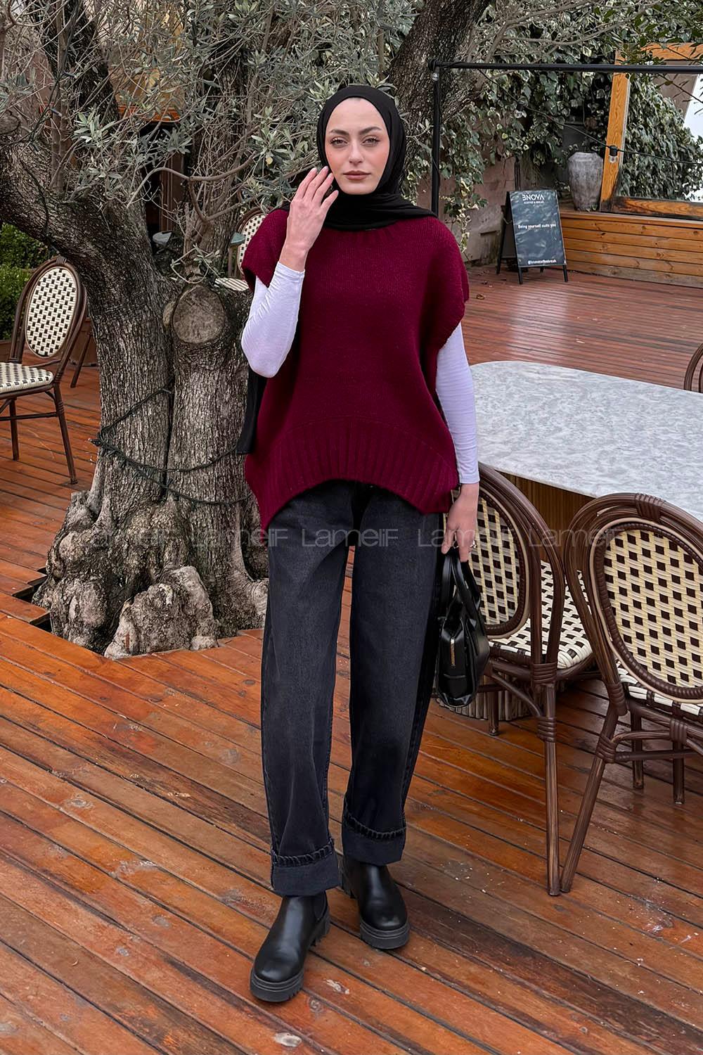 Lamelif Ön Kavis Detaylı Süveter Bordo