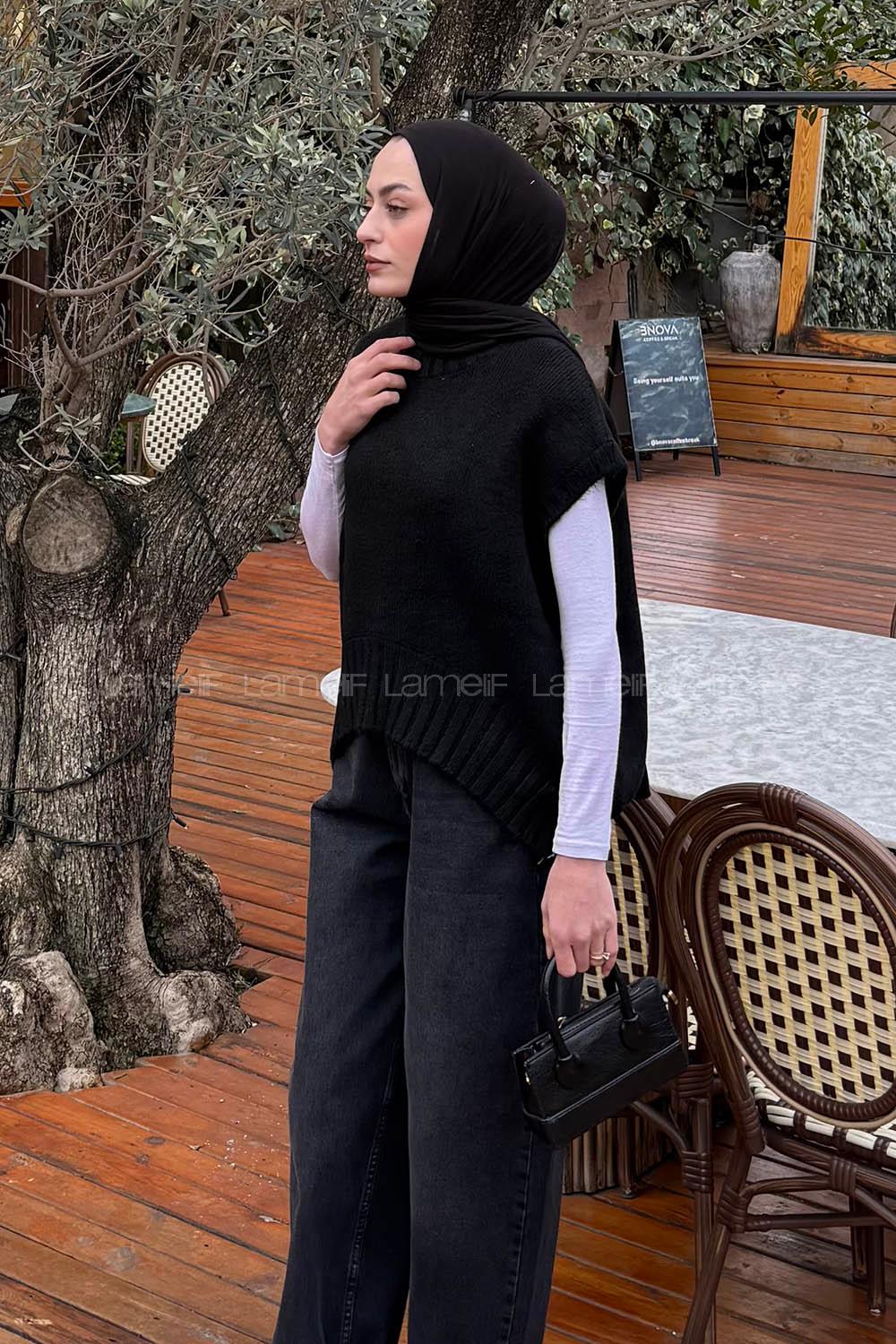 Lamelif Ön Kavis Detaylı Süveter Siyah