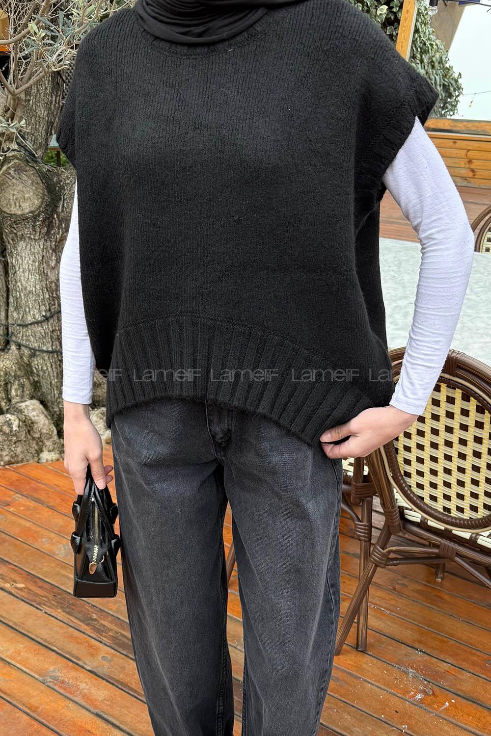 Lamelif Ön Kavis Detaylı Süveter Siyah