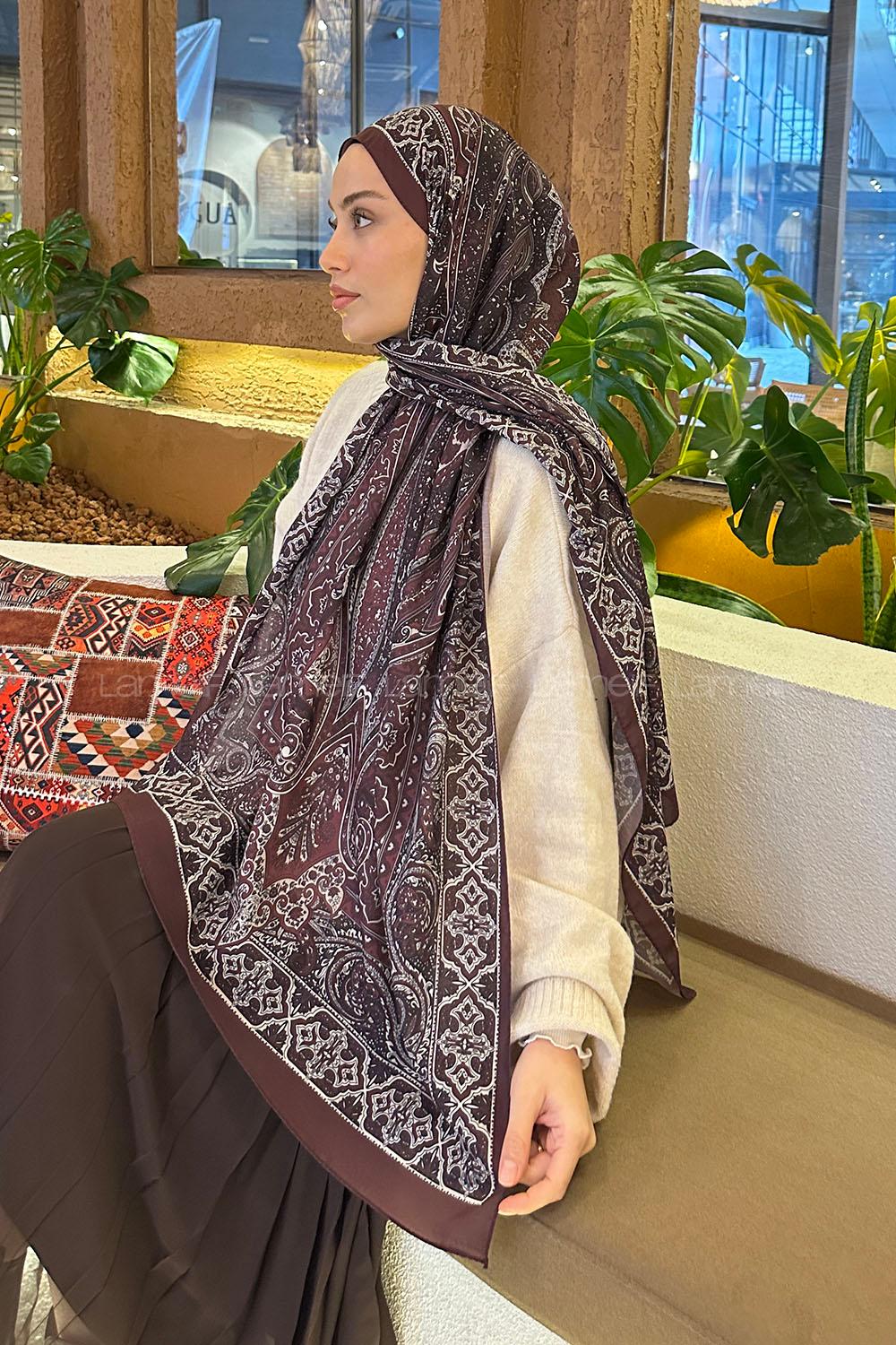 Lamelif Retro Desen Pamuk Şal Koyu Bordo