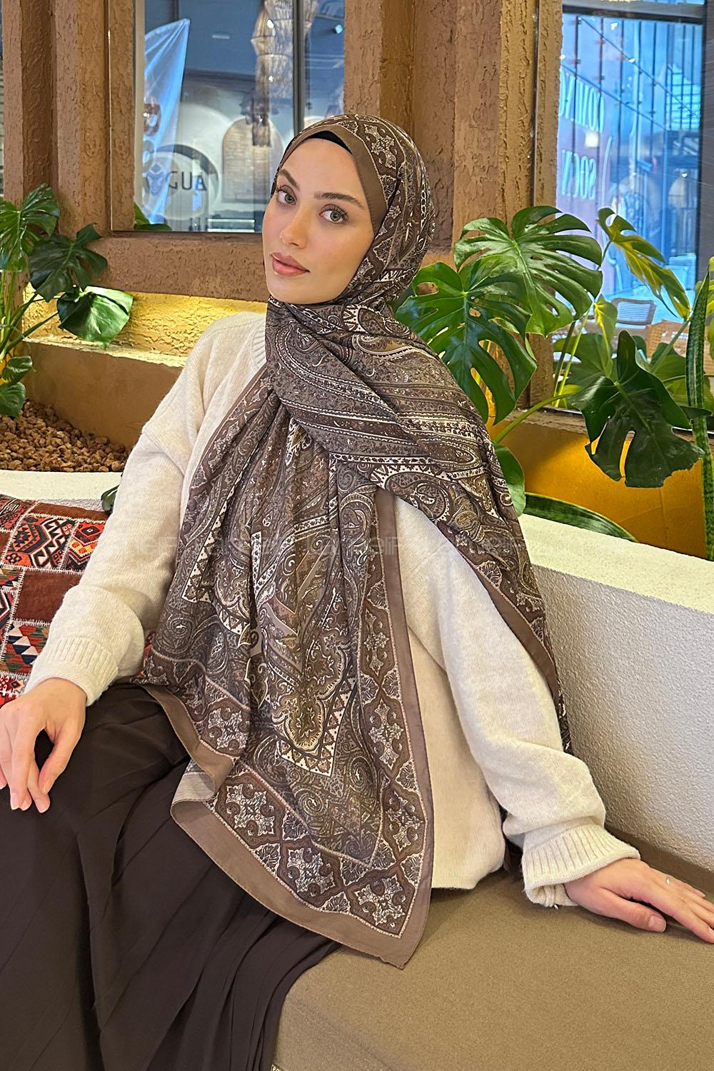 Lamelif Retro Desen Pamuk Şal Sütlü Kahve