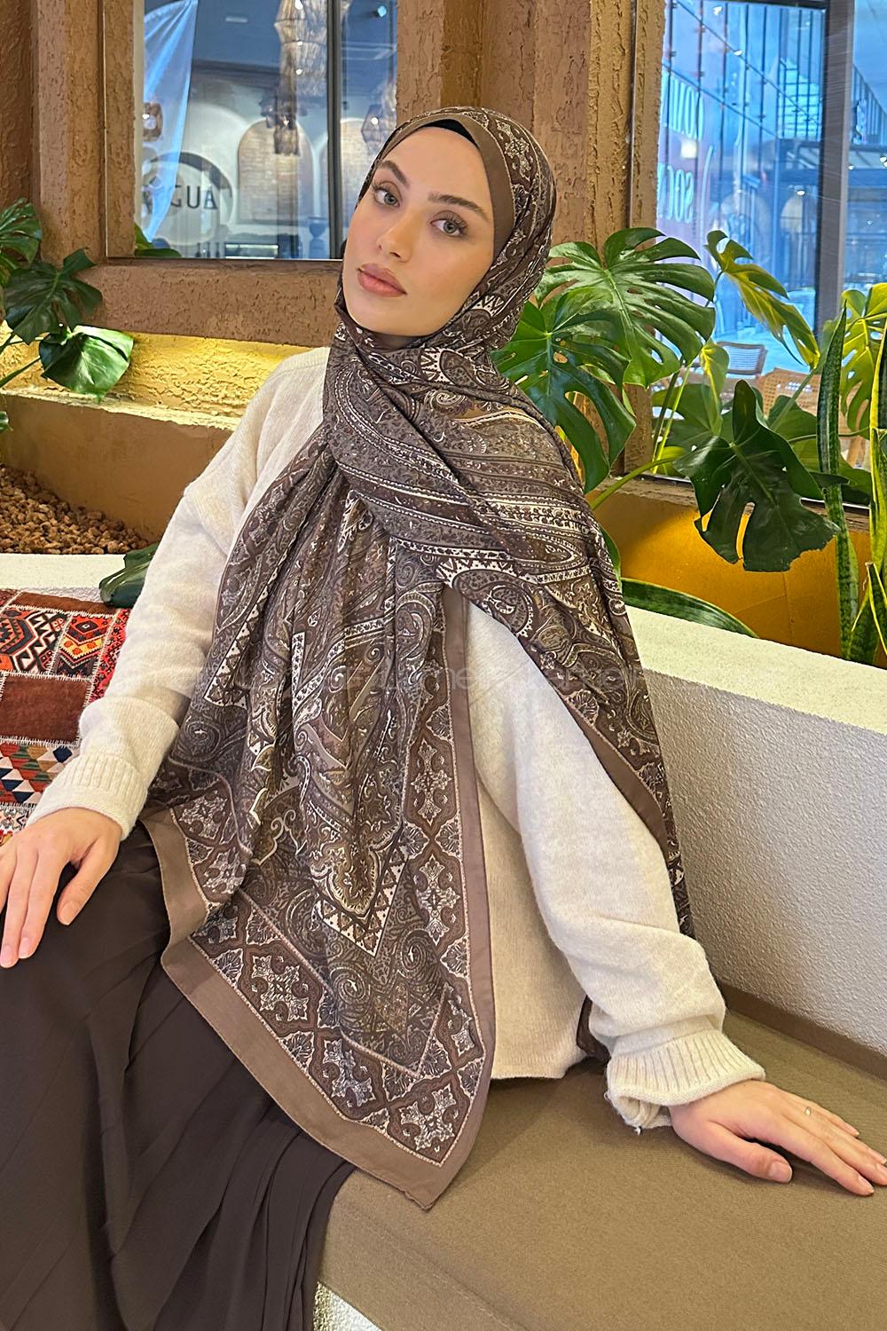 Lamelif Retro Desen Pamuk Şal Sütlü Kahve