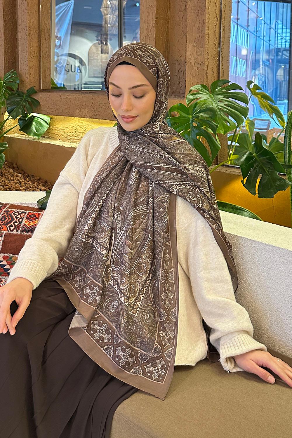 Lamelif Retro Desen Pamuk Şal Sütlü Kahve