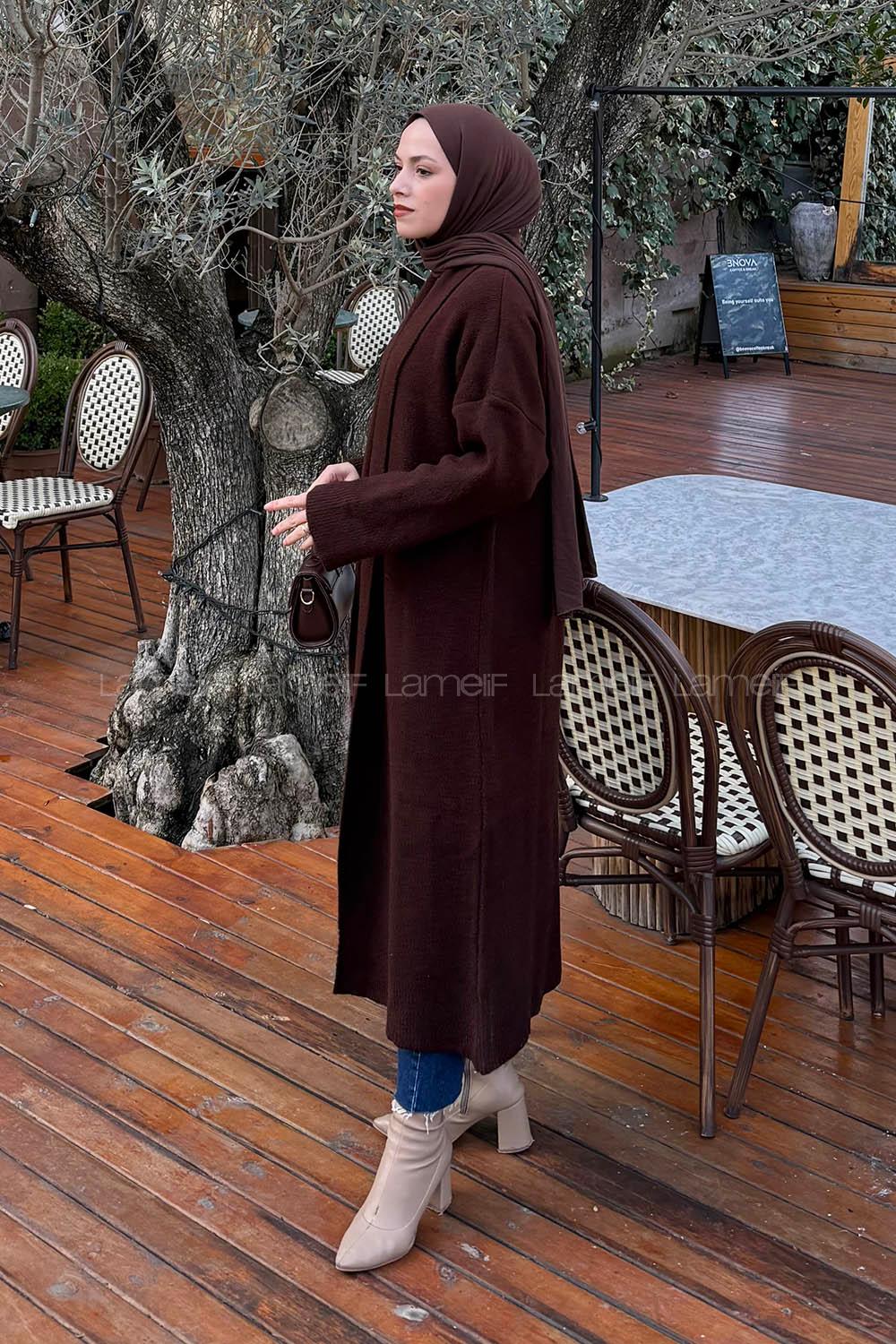 Lamelif Şal Yaka Uzun Triko Hırka Acı Kahve