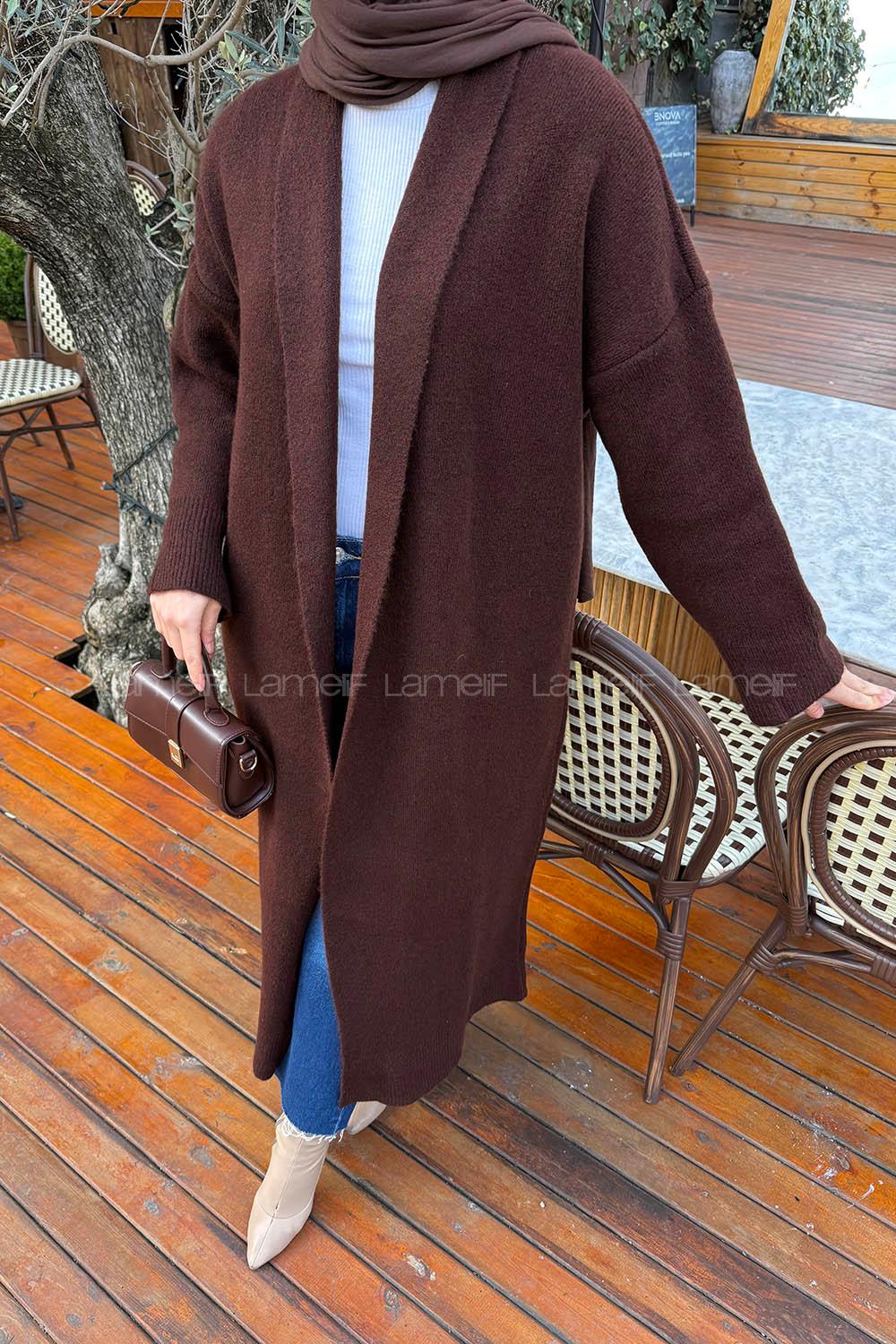 Lamelif Şal Yaka Uzun Triko Hırka Acı Kahve