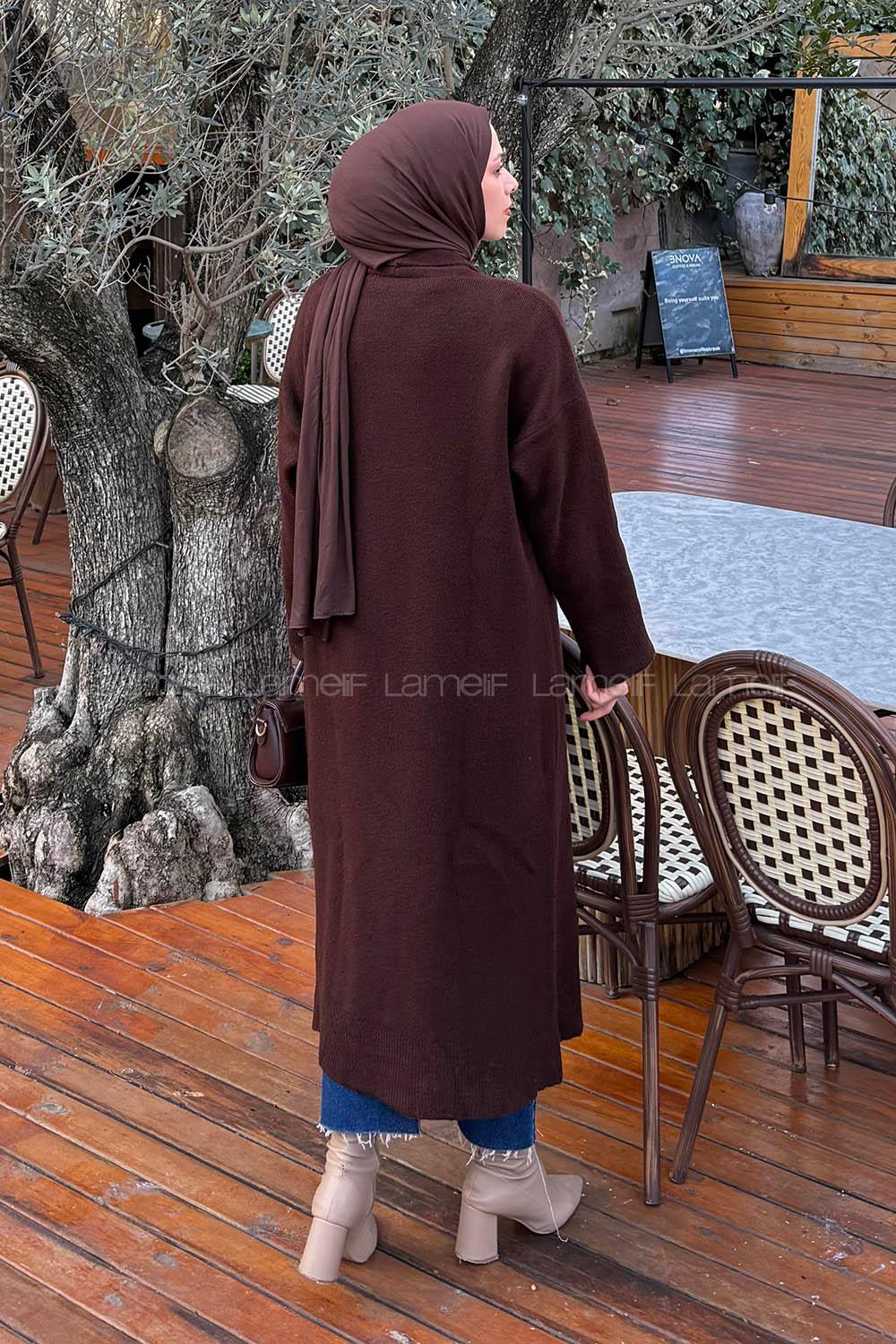 Lamelif Şal Yaka Uzun Triko Hırka Acı Kahve