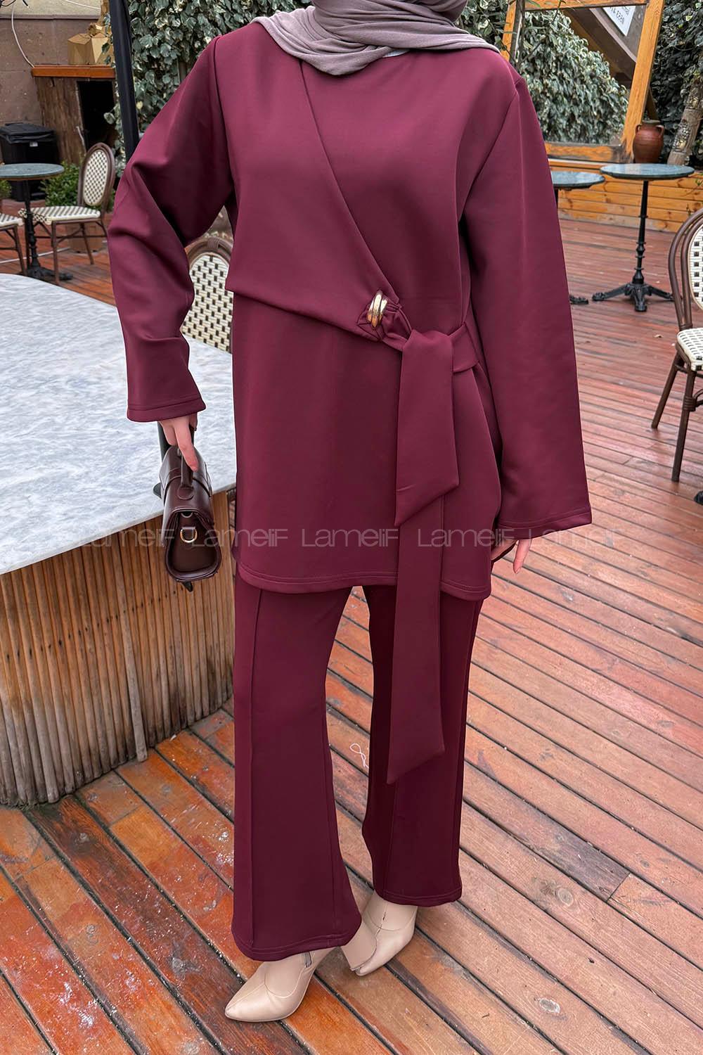 Claret Red Crew Neck Long Arm Cotton Regular Trousers Comfortable Suit