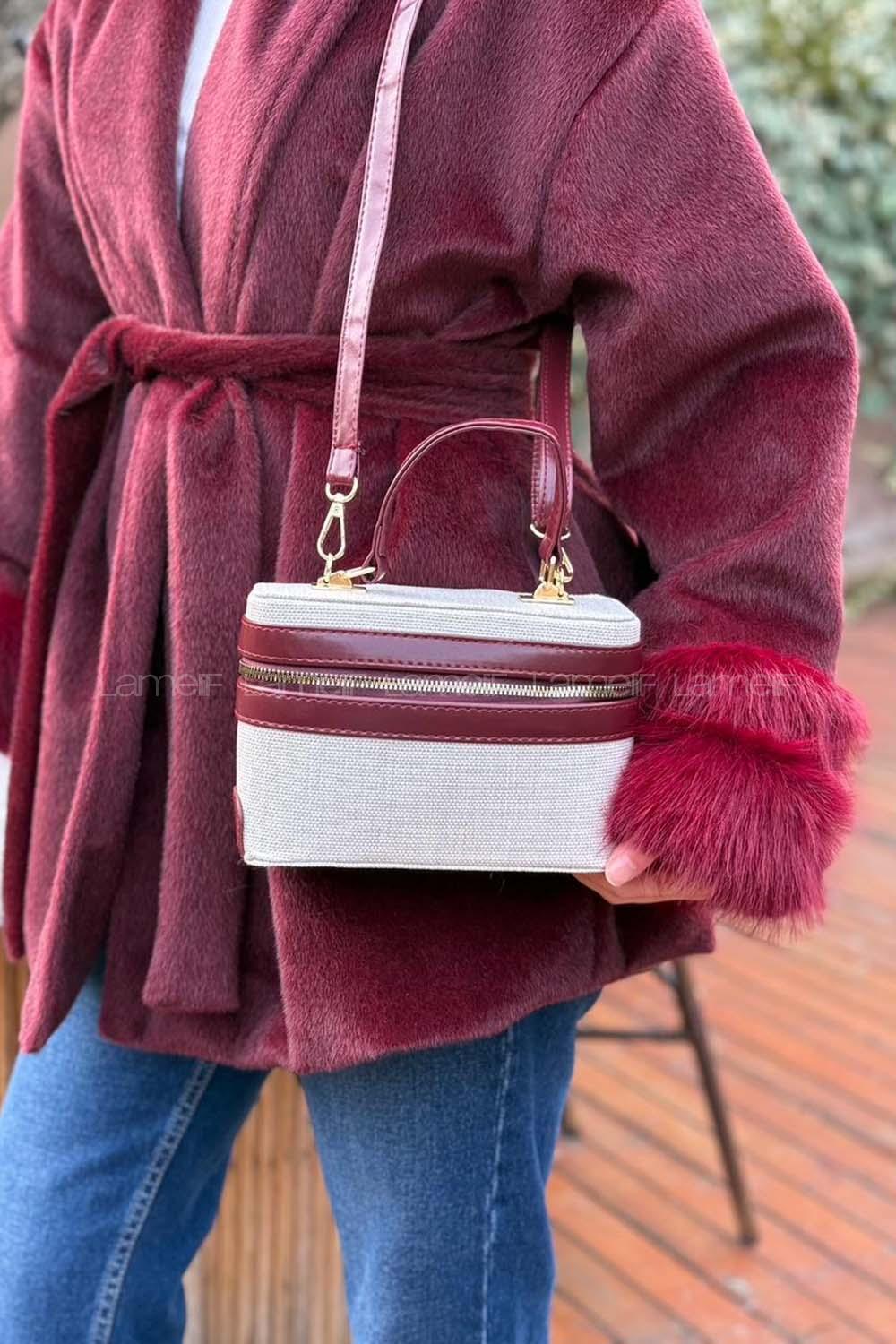 Lamelif Zara Model Hasır Sert Kutu El ve Omuz Çantası Bordo