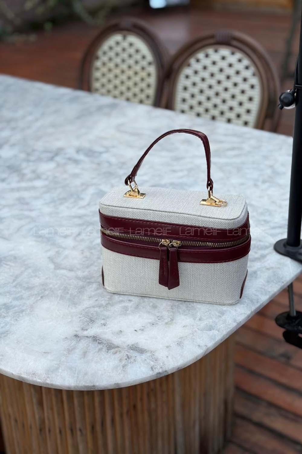 Lamelif Zara Model Hasır Sert Kutu El ve Omuz Çantası Bordo