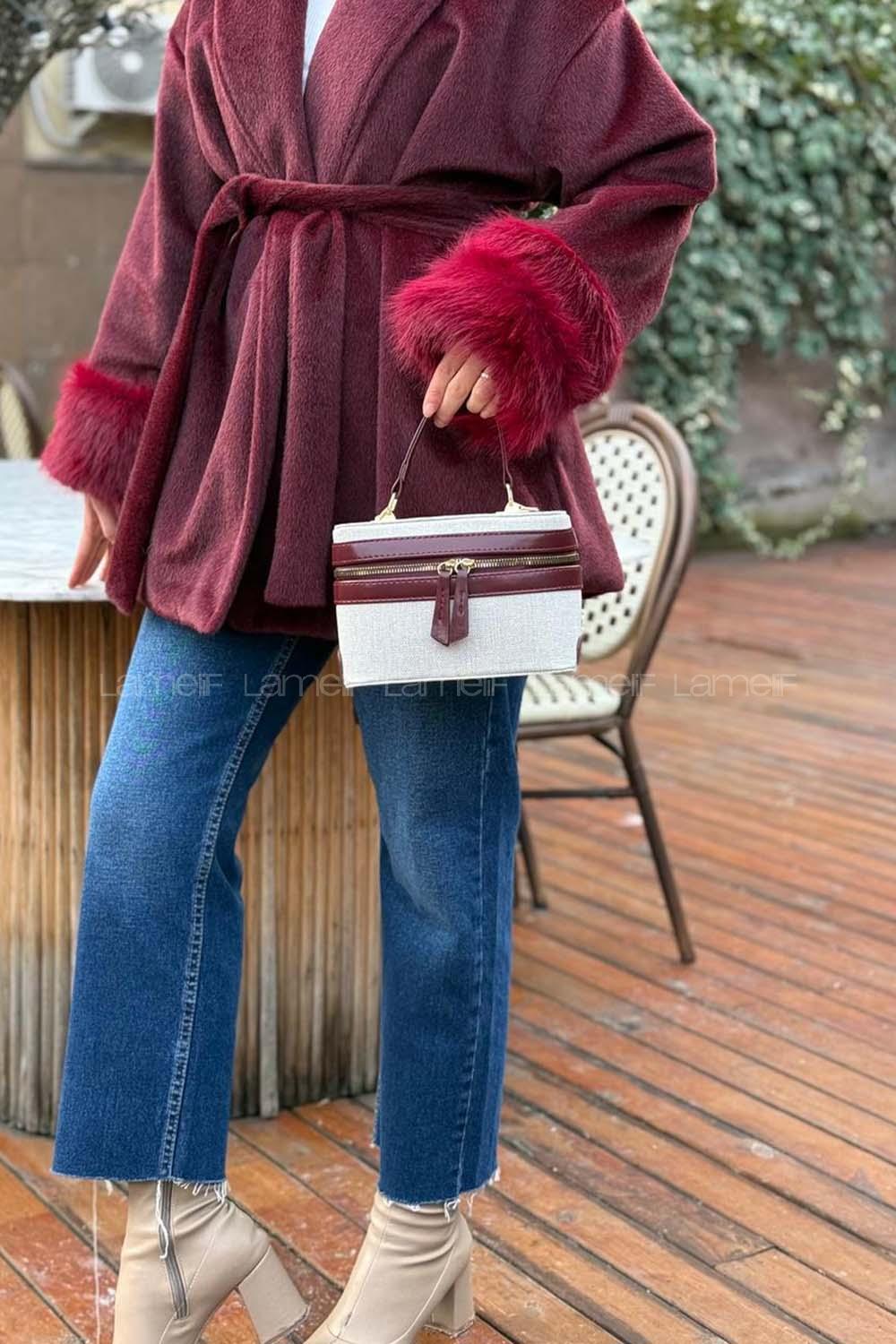 Lamelif Zara Model Hasır Sert Kutu El ve Omuz Çantası Bordo