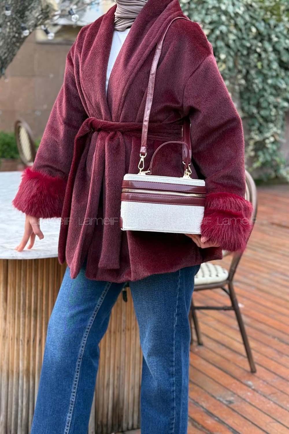 Lamelif Zara Model Hasır Sert Kutu El ve Omuz Çantası Bordo