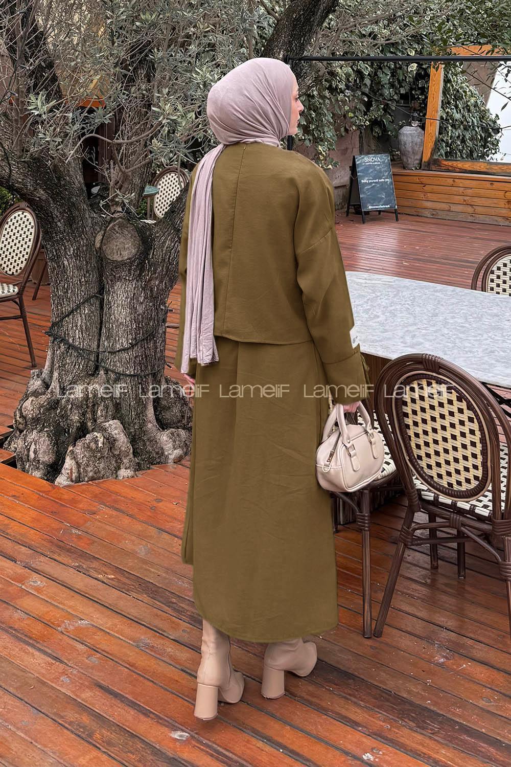 Lamelif Eteği Bağlama Detaylı Takım Yağ Yeşili