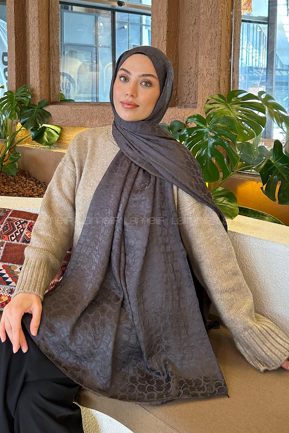 Lamelif  Bloom Desen Ayrobin Floş Jakar  Şal Antrasit