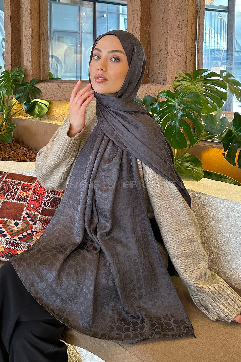 Lamelif  Bloom Desen Ayrobin Floş Jakar  Şal Antrasit