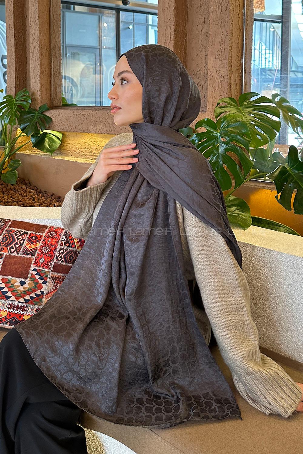 Lamelif  Bloom Desen Ayrobin Floş Jakar  Şal Antrasit