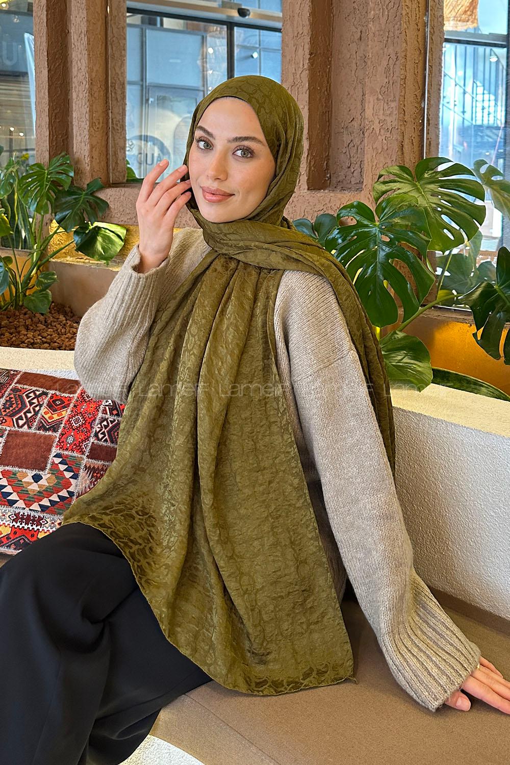 Lamelif  Bloom Desen Ayrobin Floş Jakar  Şal Asker Yeşili