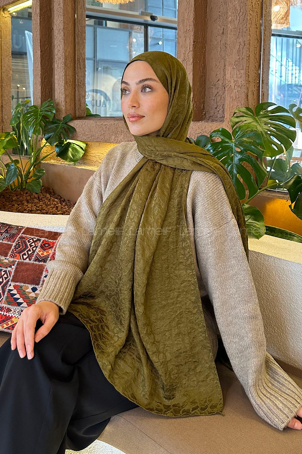 Lamelif  Bloom Desen Ayrobin Floş Jakar  Şal Asker Yeşili