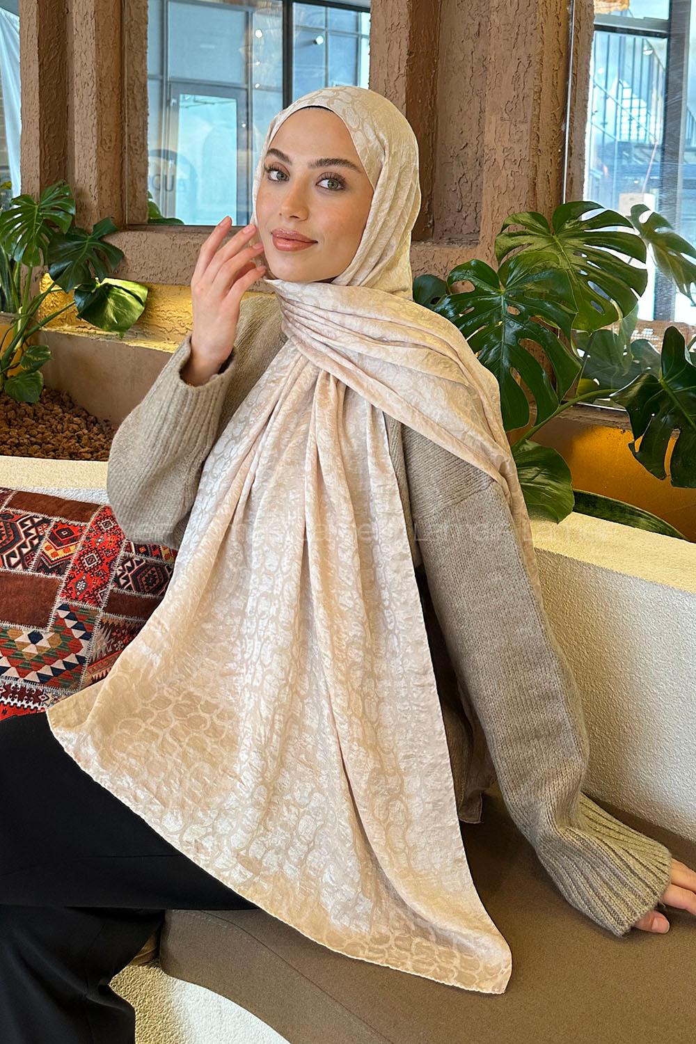 Lamelif  Bloom Desen Ayrobin Floş Jakar  Şal Bej