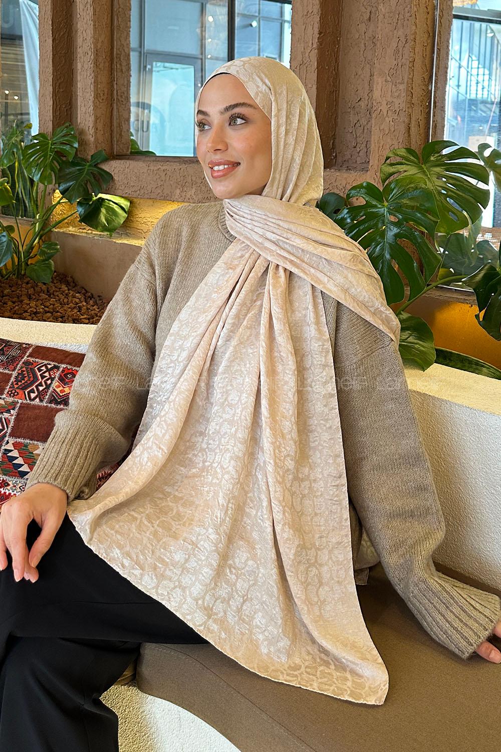 Lamelif  Bloom Desen Ayrobin Floş Jakar  Şal Bej