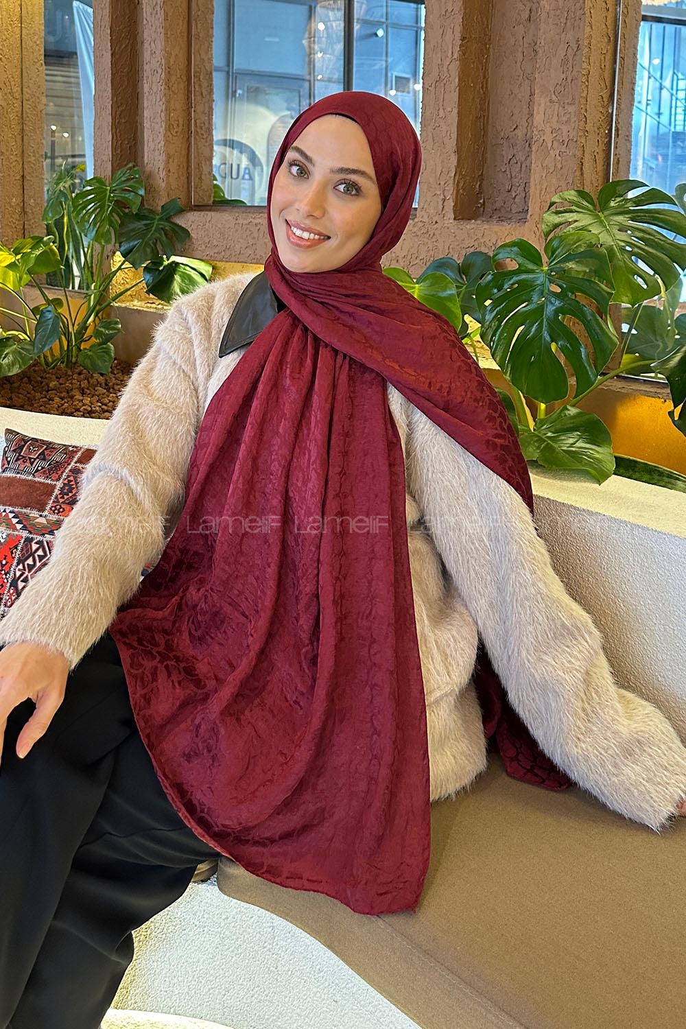 Lamelif  Bloom Desen Ayrobin Floş Jakar  Şal Bordo