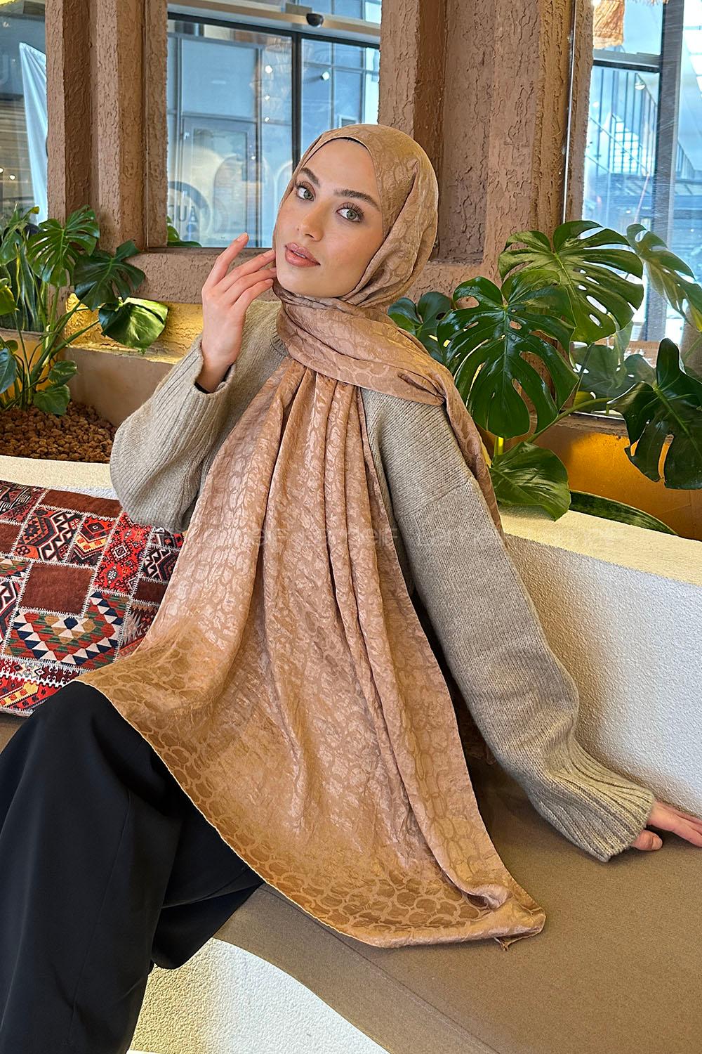 Lamelif  Bloom Desen Ayrobin Floş Jakar  Şal Camel